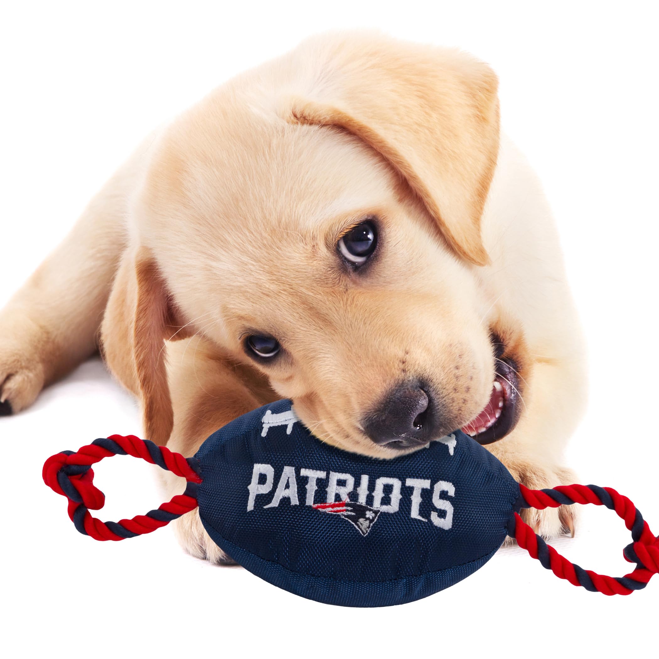Pets First NFL NEW ENGLAND PATRIOTS Nylon Football Dog Toy with inner SQUEAKER & Pull Ropes PET SPORTS TOY - Image 3