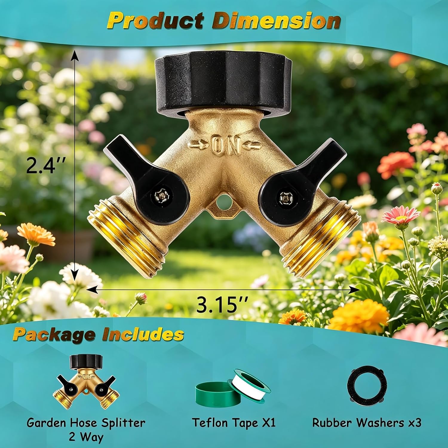 Brass Hose Splitter 2 Way, Heavy Duty Garden Hose Splitter with Shut Off Valves, Y Connector Hose Adapter, No Leak, Includes Washers & Teflon Tape – Dalmbox image 3