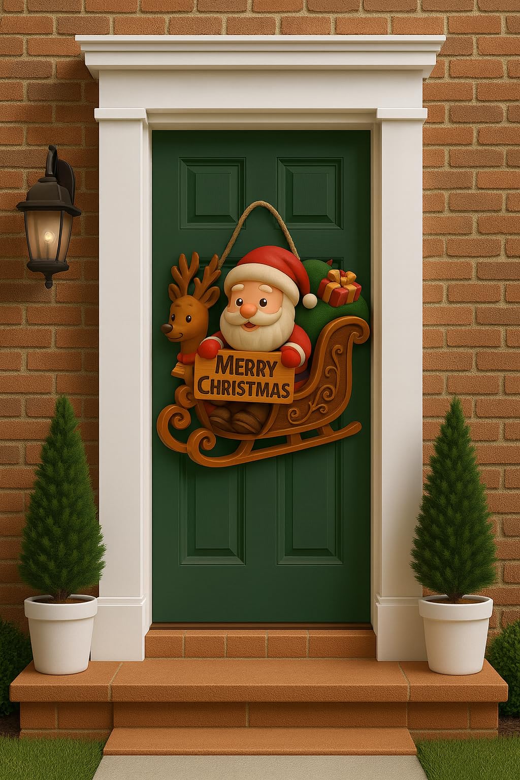 Noel Babalı Kızaklı Hediye Paketli Yılbaşı Geyikli Kapı Süsü Ahşap Noel Kapı Süsü Yılbaşı Mazemeleri Temalı Hediyeler 2026 (25-30 cm)