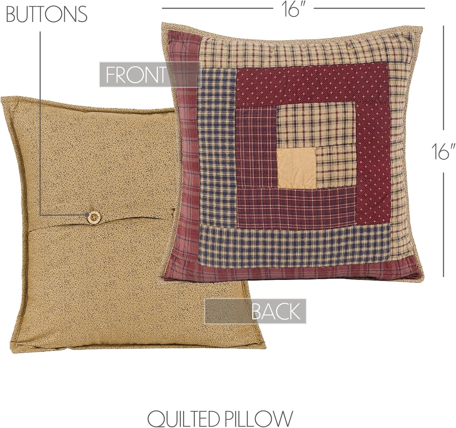 VHC Brands Millsboro Patchwork Cotton Rustic Bedding Hand Quilted Square 16x16 Filled Pillow, Burgundy Red