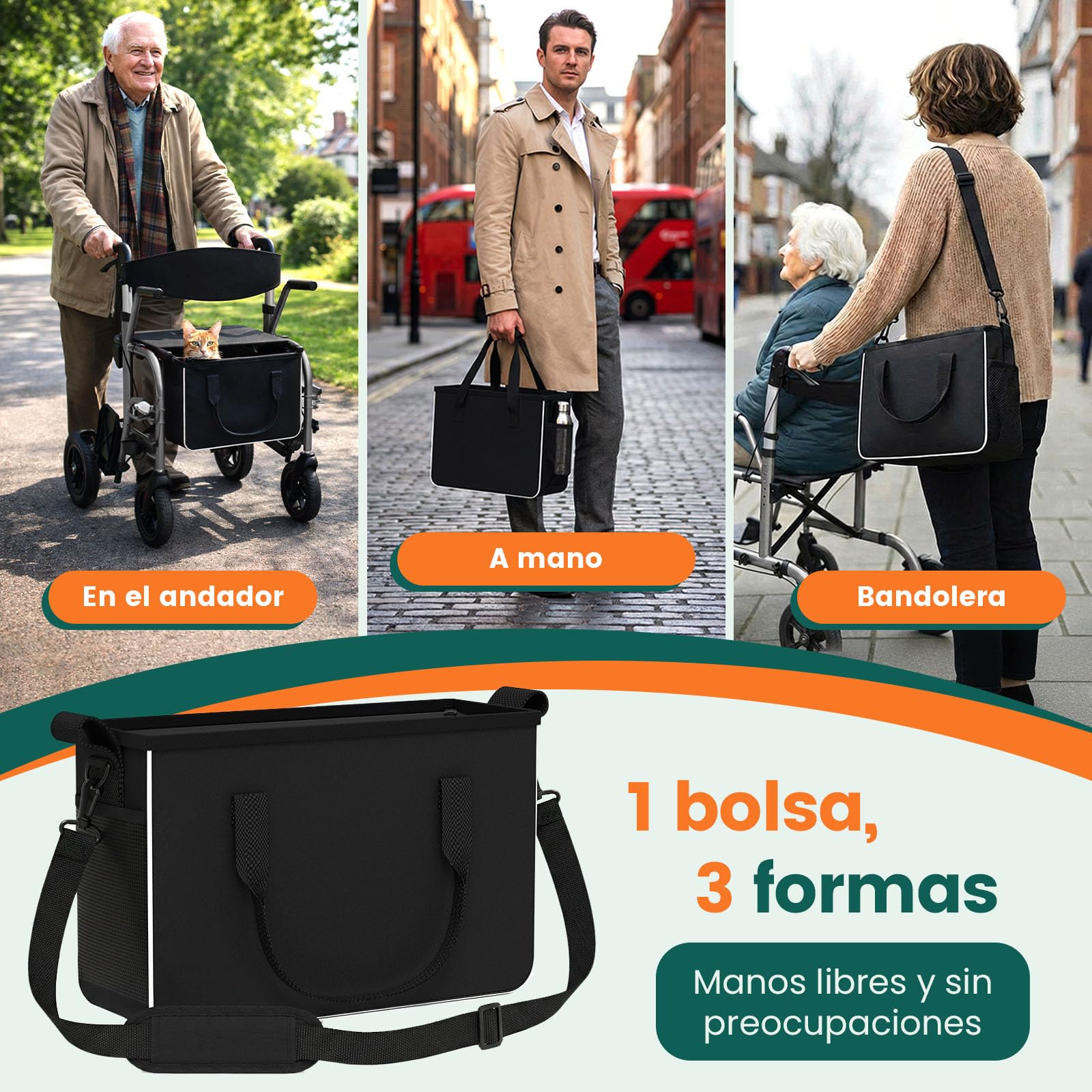Andador con asiento, 2 en 1 de 4 ruedas y Silla de transporte, Soporta hasta 136 kg, Ruedas TPU de 8"" delanteras y 10"" traseras, Doble freno, Plegable, Altura ajustable, Bolsa almacenamiento, Gris