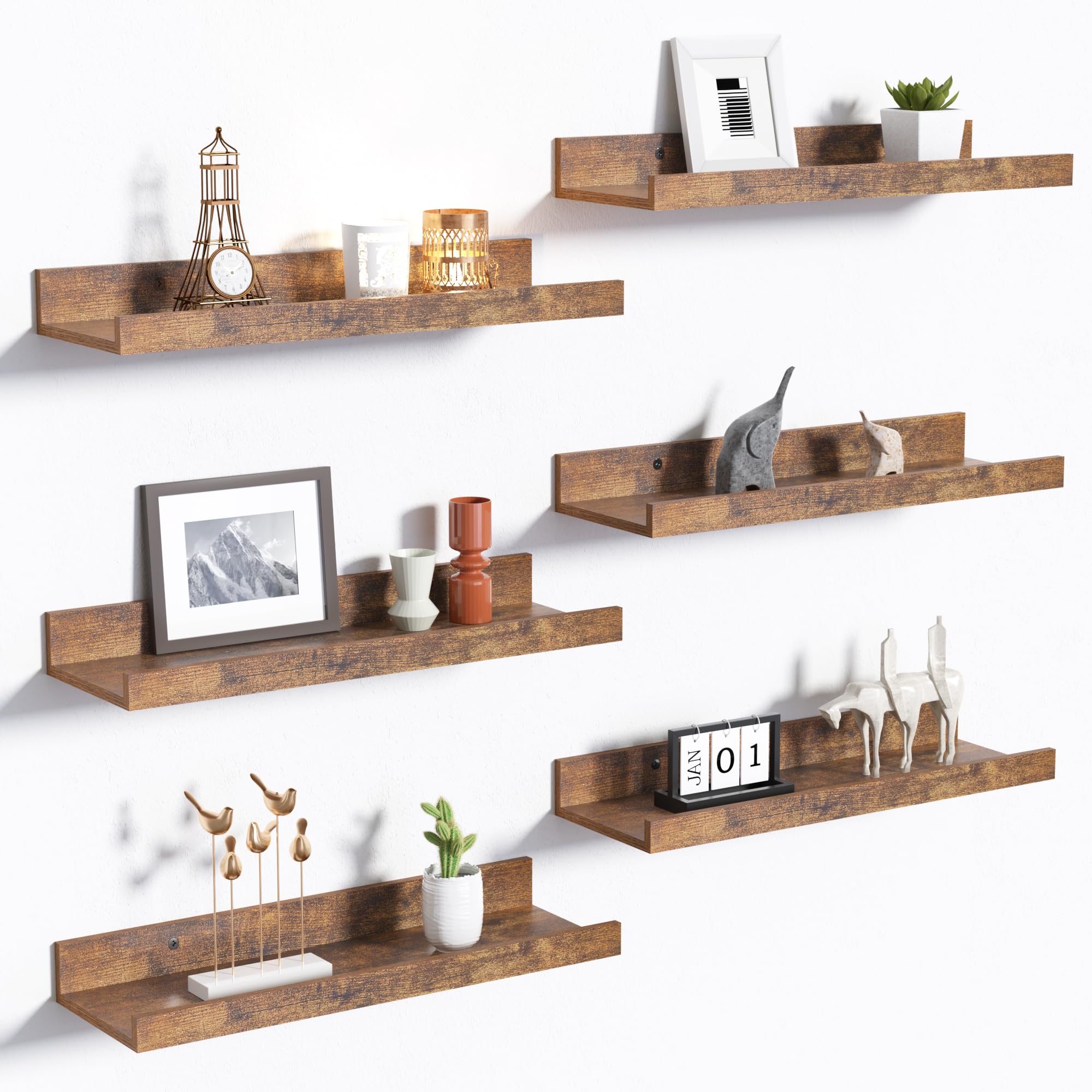 upsimples Floating Shelves for Wall, Wall Shelves for Decor Storage Set of 6, Wall Mounted Wood Shelf for Bedroom, Living Room, Bathroom, Kitchen, Picture Ledge Shelf, Brownupsimples Floating Shelves for Wall, Wall Shelves for…