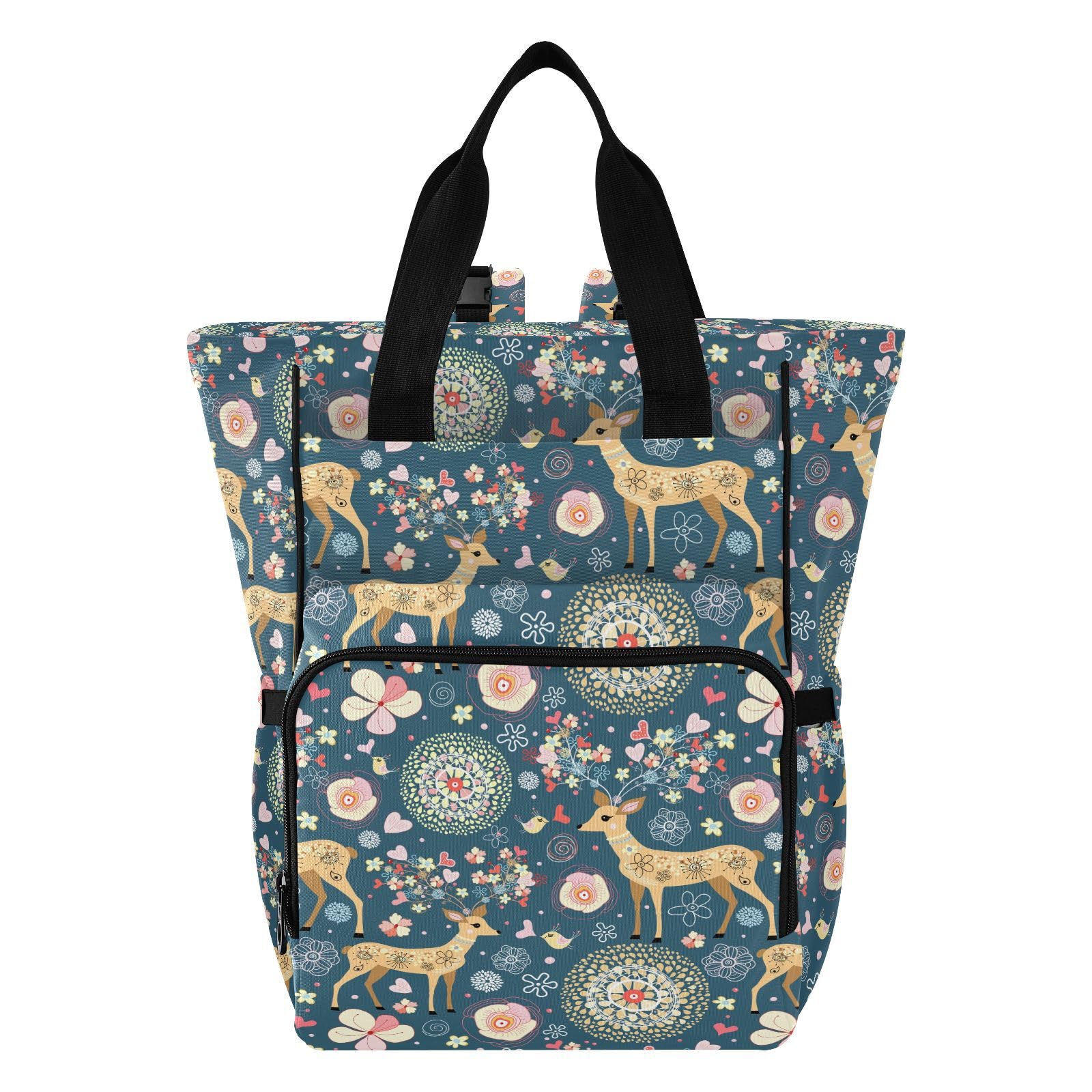 ALAZA Baby Changing Bag Backpack, Nappy Changing Bags Fabulous Flower Deer Multi-Functional Diaper Bag Tote Large Capacity Mum Dad Backpack — image 1