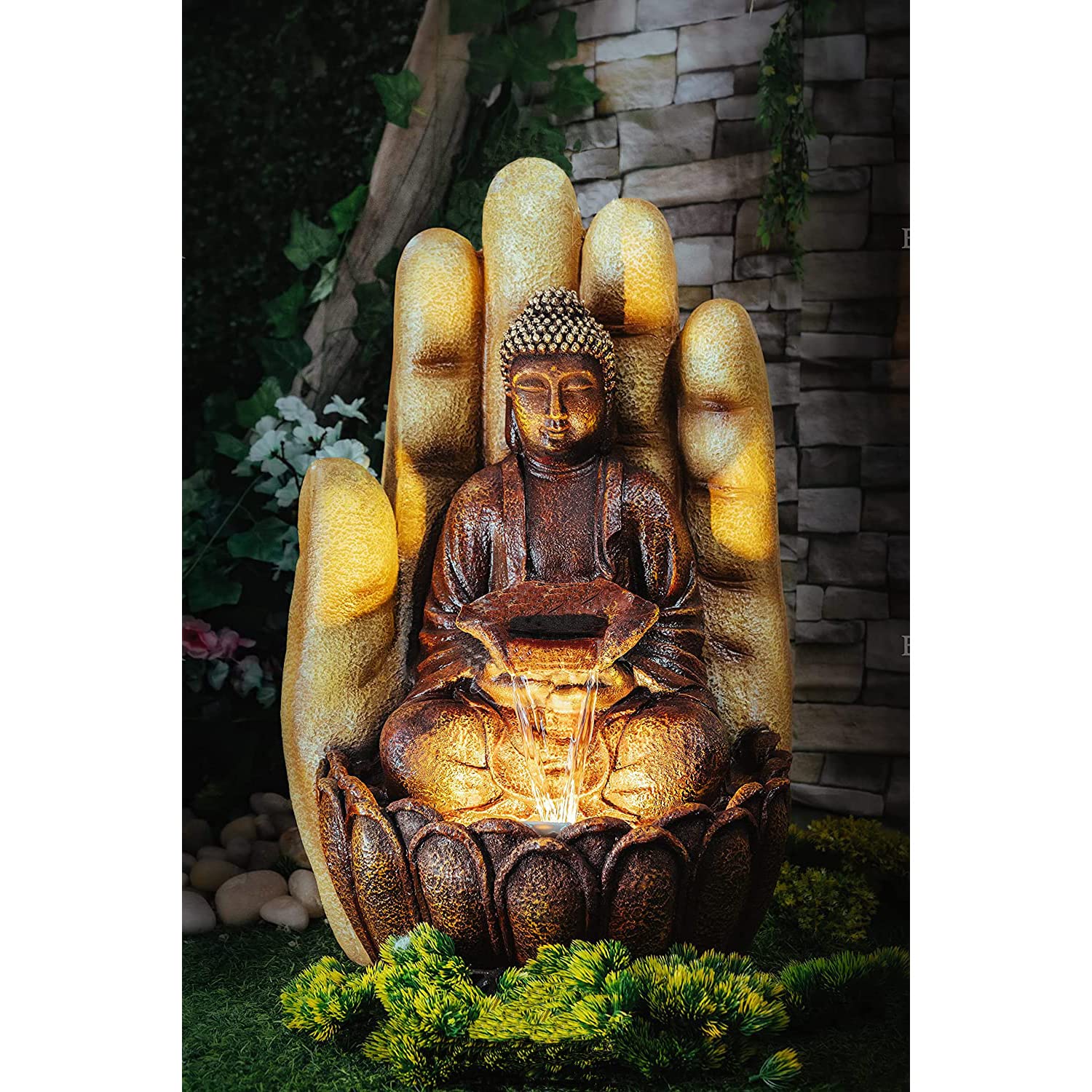 Kryoss Water Fountain Embossed Palm Buddha for Home, Office, Garden Beige Color Large