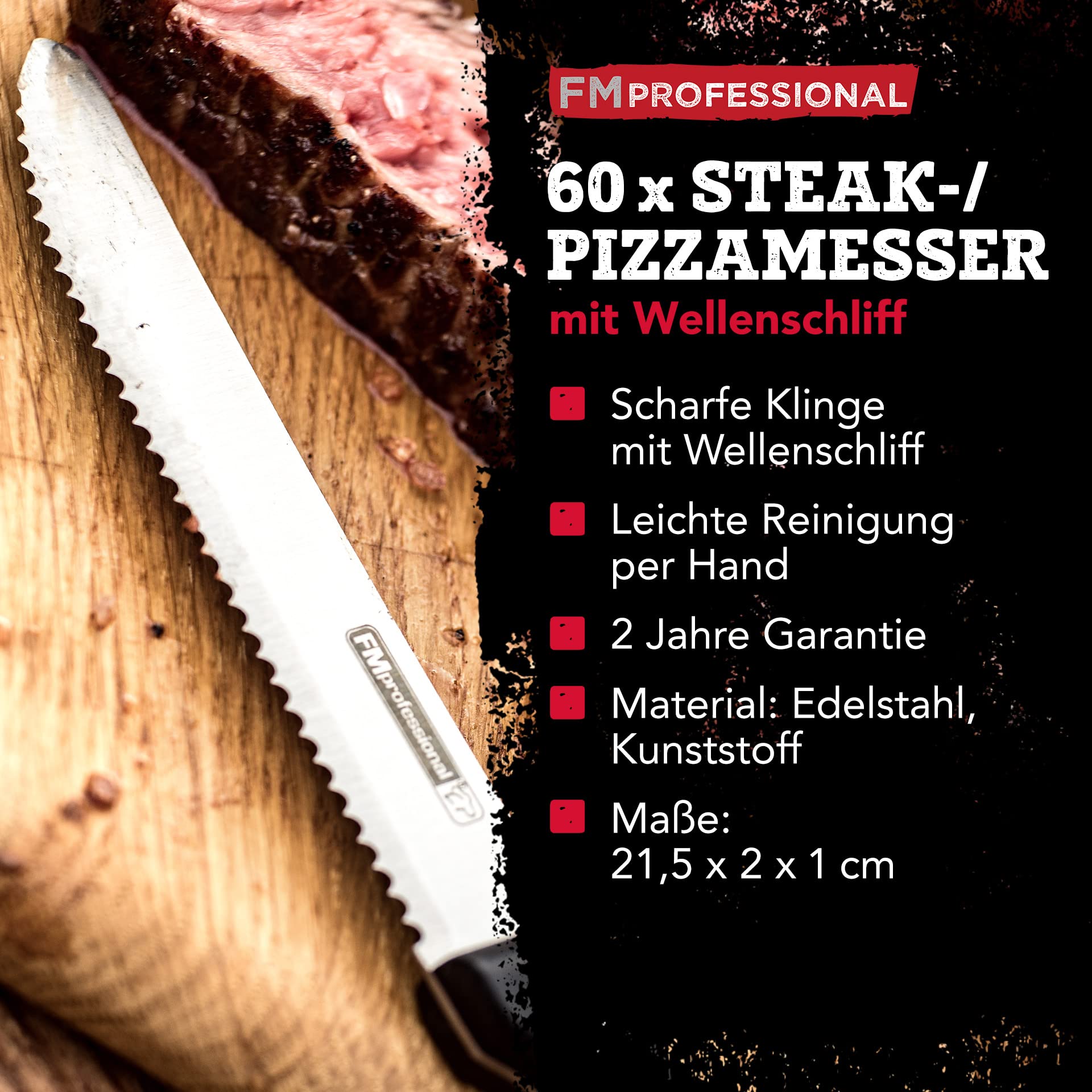 FMprofessional 60x Steakmesser mit Wellenschliff by Fackelmann – Scharfes Messer für Steak und Pizza – Langanhaltend scharfe Klinge für Gastro & Hobby-Köche