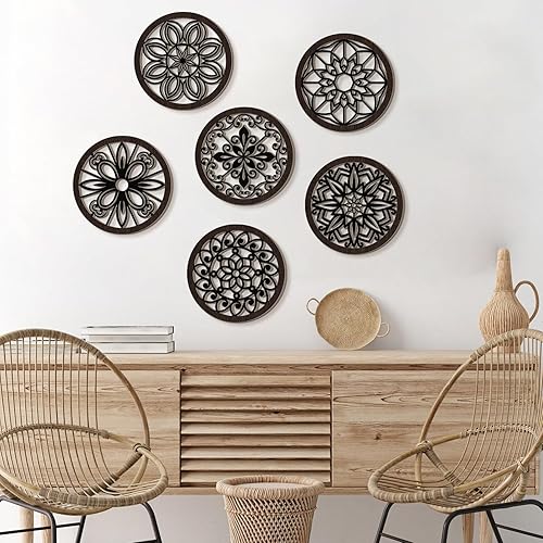 Miniatura 7 de Ferraycle 6 piezas gruesas rústicas de decoración de pared de granja, arte redondo de madera, decoración colgante hueco tallado para sala de estar,