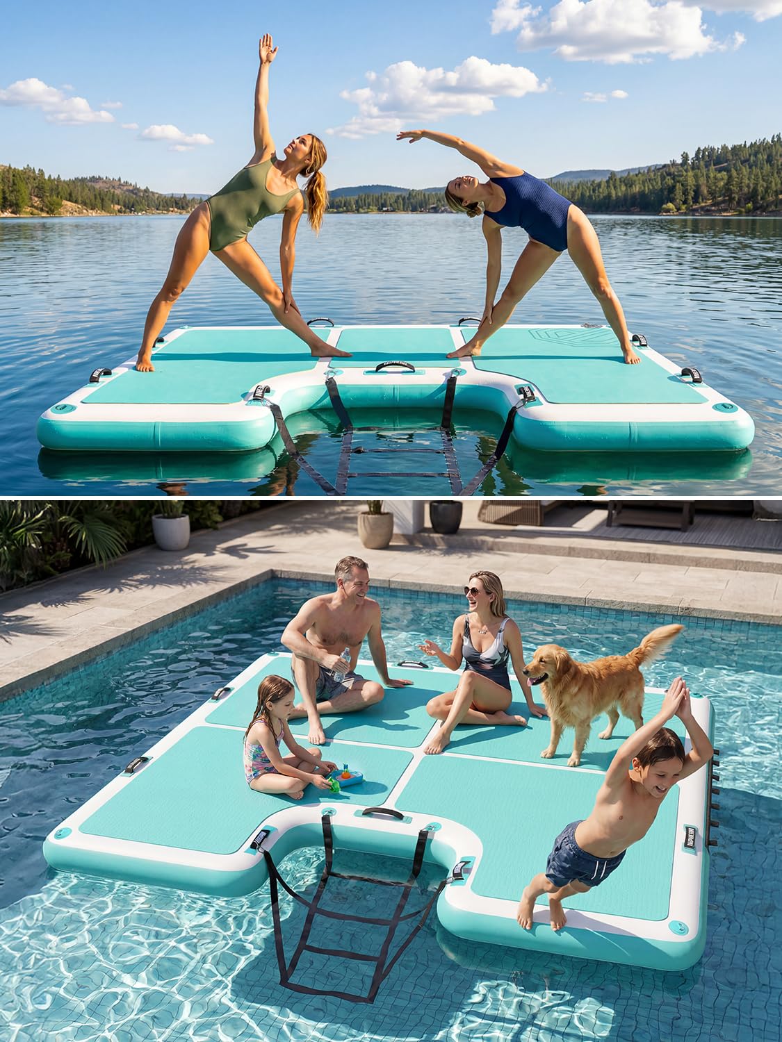 Niphean Schwimmdock Aufblasbar, rutschfeste Schwimminsel Mit Leiter & 9 Griffen, Stabile Aufblasbares Schwimmdock Für Seen, Langlebige Familieninsel, Tragetasche, 243×183/305×243 cm