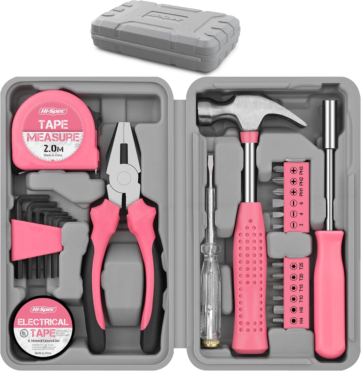 Hi-Spec 24-tlg. Kleiner Werkzeugkoffer für Frauen – Rosa-Mini-Werkzeug-Set mit Hammer und Schraubenzieher Set. Pinke Werkzeugbox ideal für WG-Zimmer und unterwegs