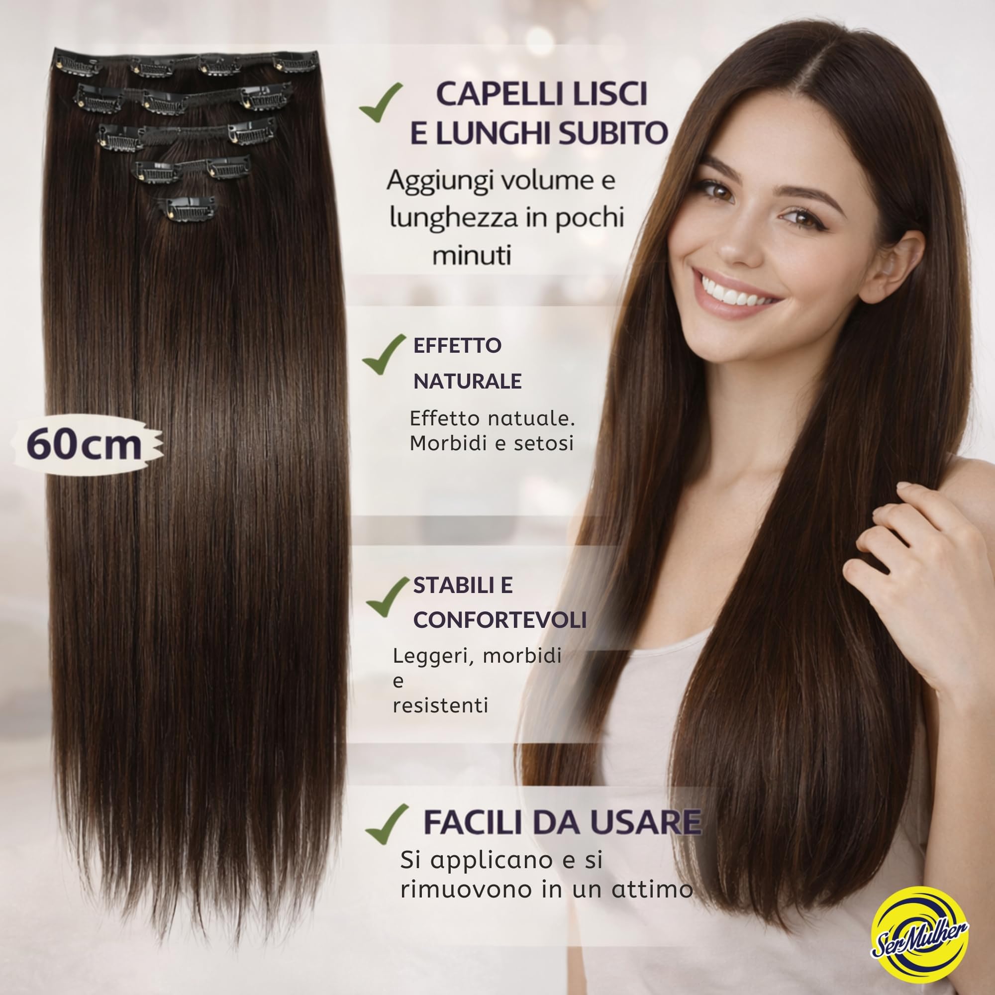THELMA - Extensiones de pelo + clips, lisas y largas de 60 cm – 7 tejidos/7 piezas, juego para alargar y dar volumen, ligero y suave, fácil aplicación, peso 228 g (rubio natural)