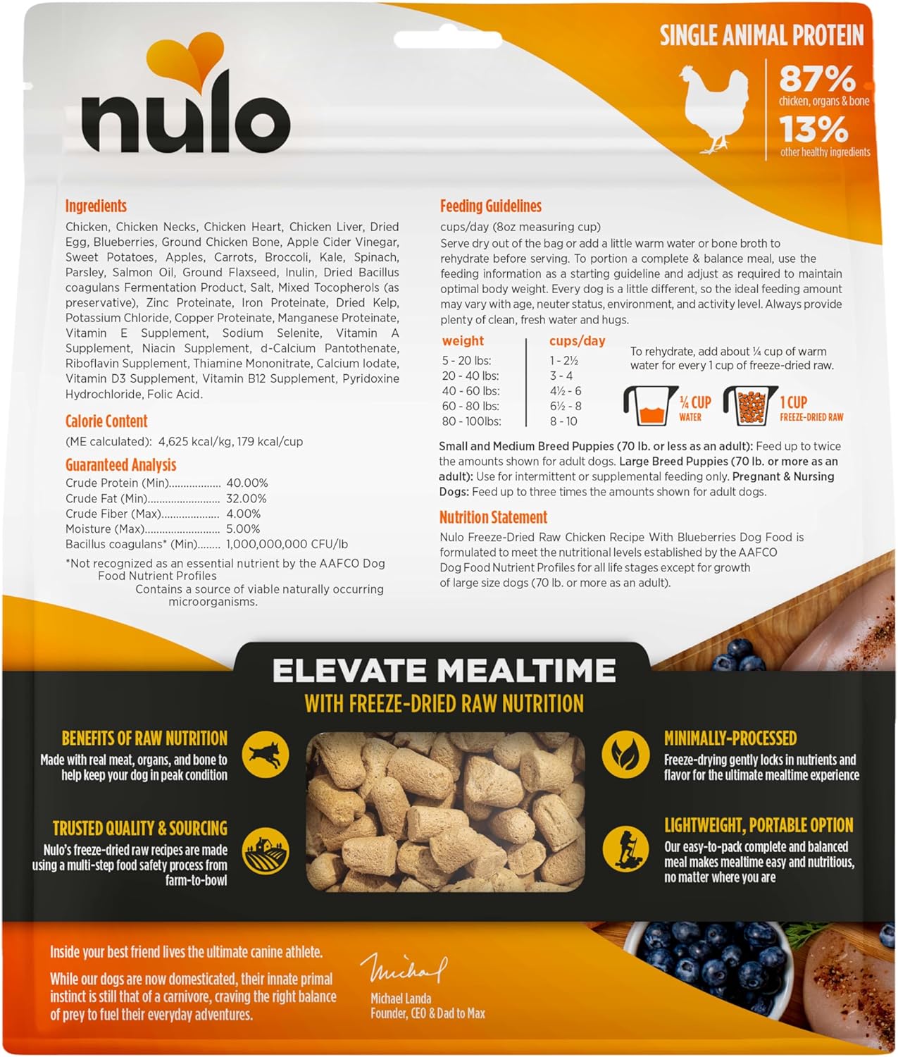 Nulo Freeze-Dried Raw Chicken Recipe with Blueberries Complete and Balanced Dry Dog Food Kibble, 18 Ounce Bag