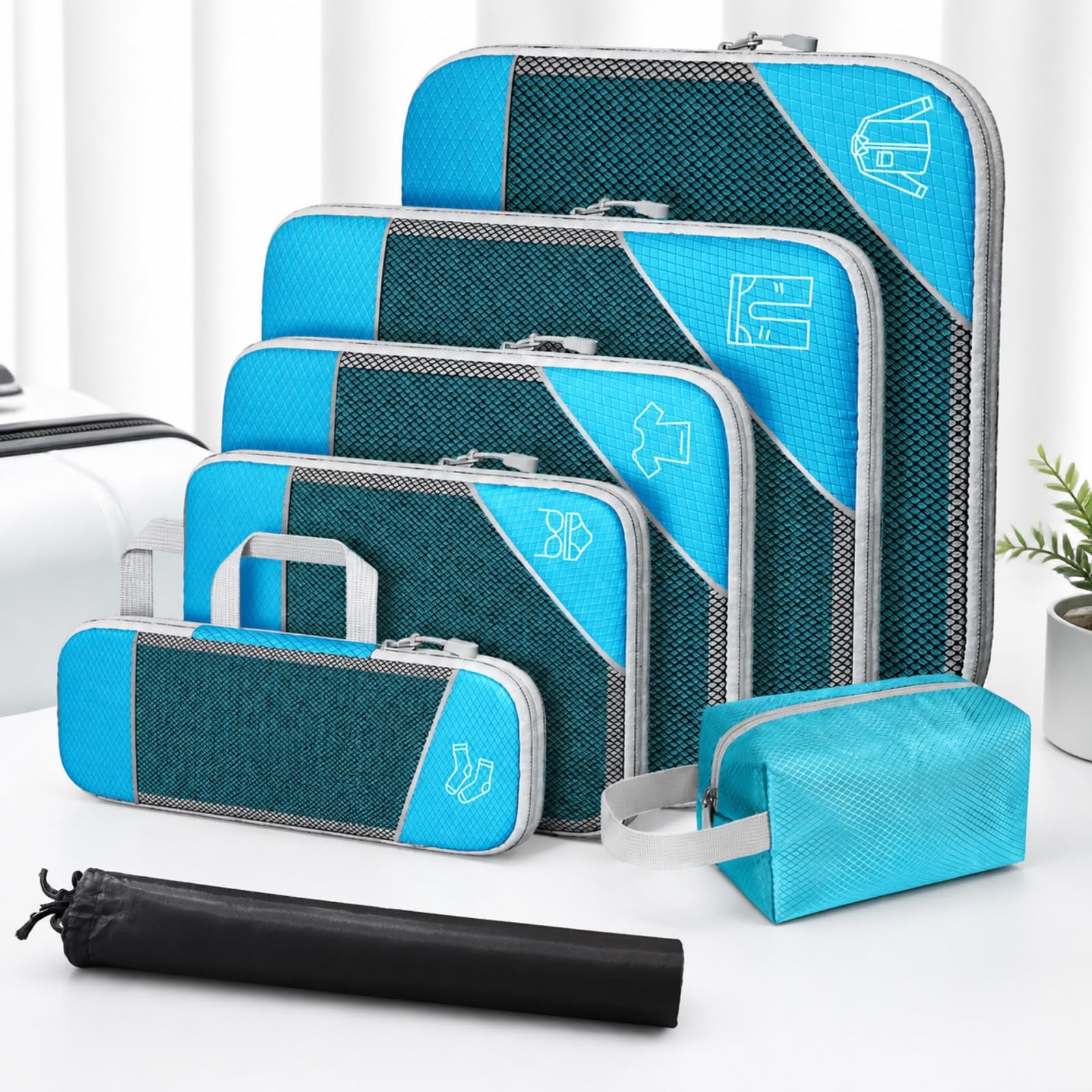 7 èces Organiteur Compreion Travel En Nylon Robuste Kit Rangement Pochtes à Fermure É c à Chauures Travel, Rose