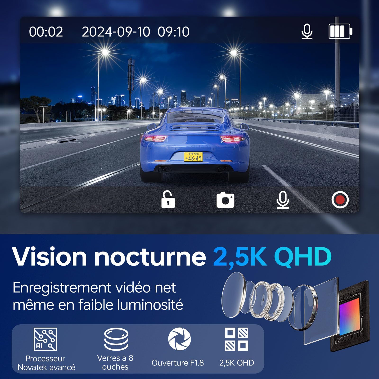 Caméra Embarquée Voiture 2.5K QHD Avant/Arrière - Double Objectif, Écran IPS 3,39 - Grand Angle 160°, Vision Nocturne, Mode Parking 24h/24 (Argenté Gris)