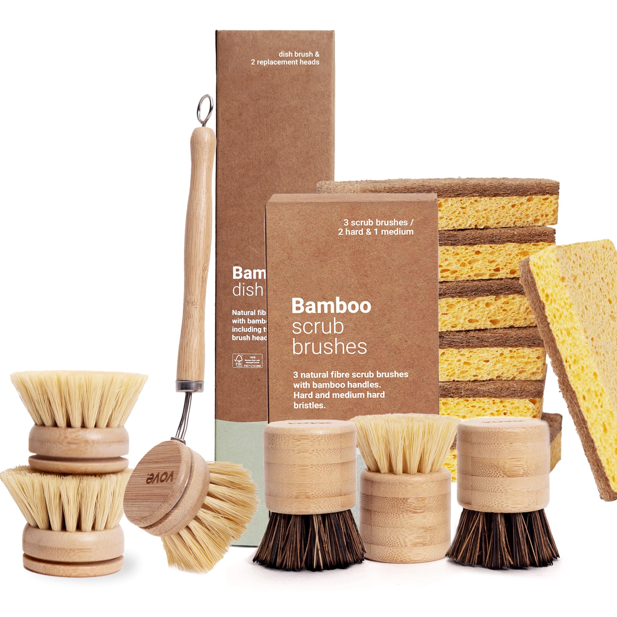 VoveUltimate Scrubbing Bundle | 3 Scrub Brushes, Bamboo Dish Brush Set with 3 Replacement Heads & 6 Natural Kitchen Sponges | Eco-Friendly Cleaning Kit | Plastic-Free | Multi-Surface Scrubbers | Su