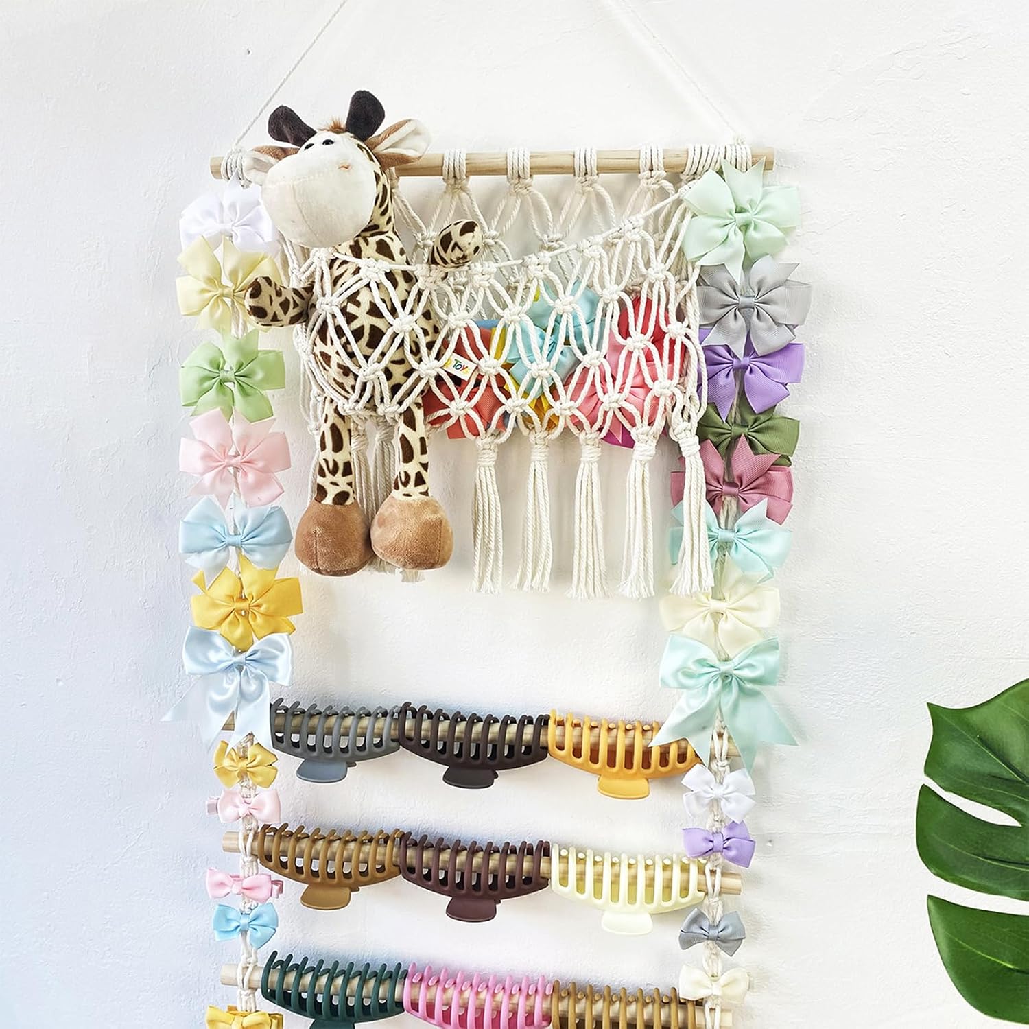 Macrame Boho Hair Claw Clip Organizer 6-Tier Large Capacity Mesh Bag Scrunchies Holder and Hair Ties Boho Hair Accessories Wall Hanging pocket Holder for Toddler Baby Girl Nursery Room Décor