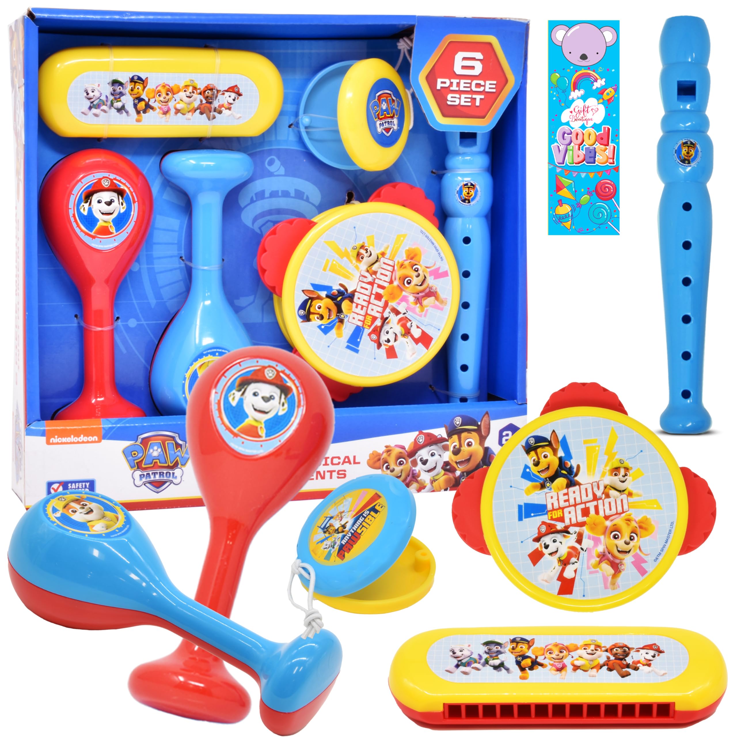 Paw Patrol Kids 6 Piece Band - Flute, Maracas, Harmonica, Tambourine, Castanet - 16 Inch Ukulele for Kids, Musical Flute, My First Musicical Instrument Toy Set & Bookmark, Children Age 3 + Boys Guitar