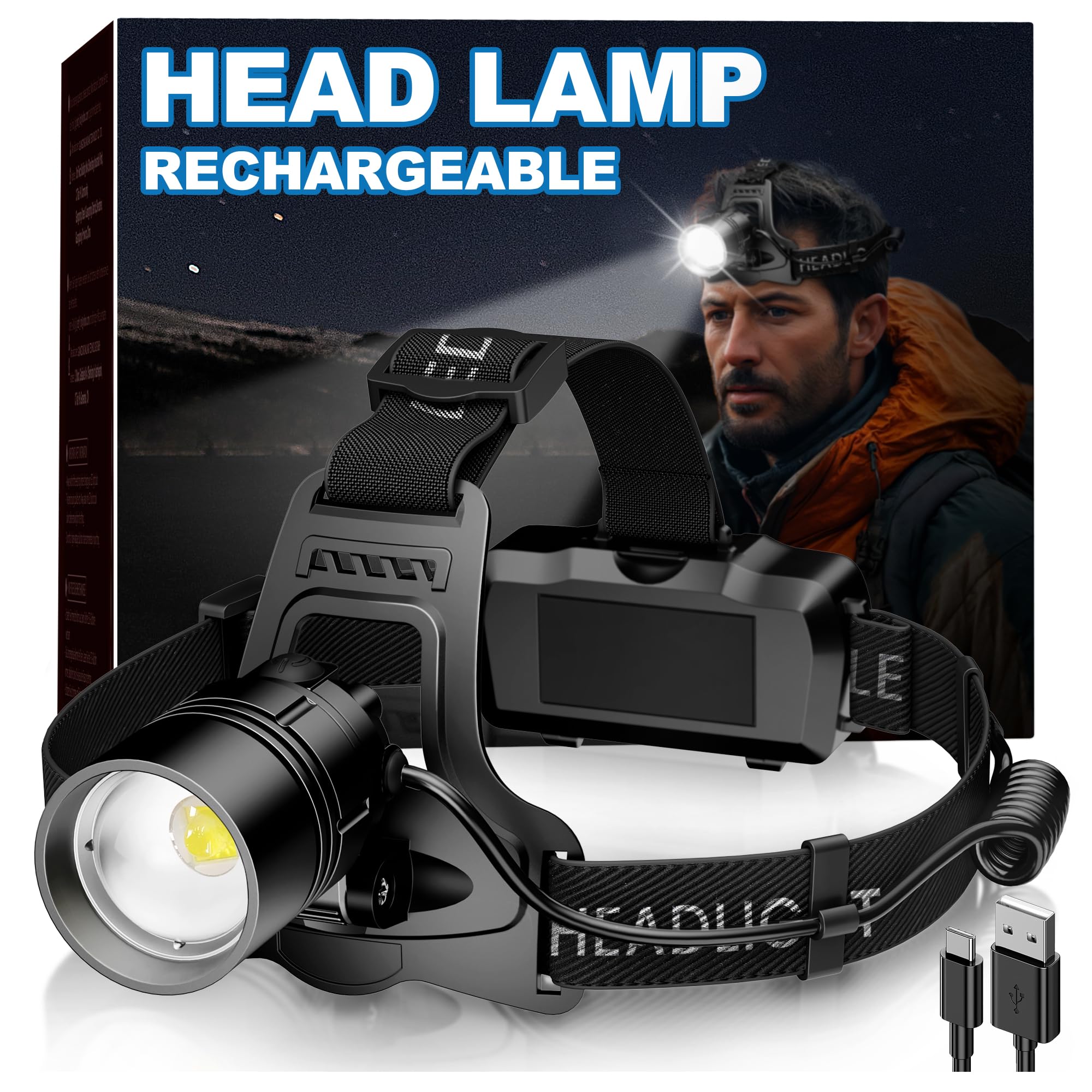 Fulighture Headlamp Rechargeable, LED Aluminum Alloy Super Bright 5 Modes & IPX6 Waterproof Zoom USB Rechargeable Head lamp, 90°Angle Adjustable for Outdoor Indoor Camping Running Car Repair