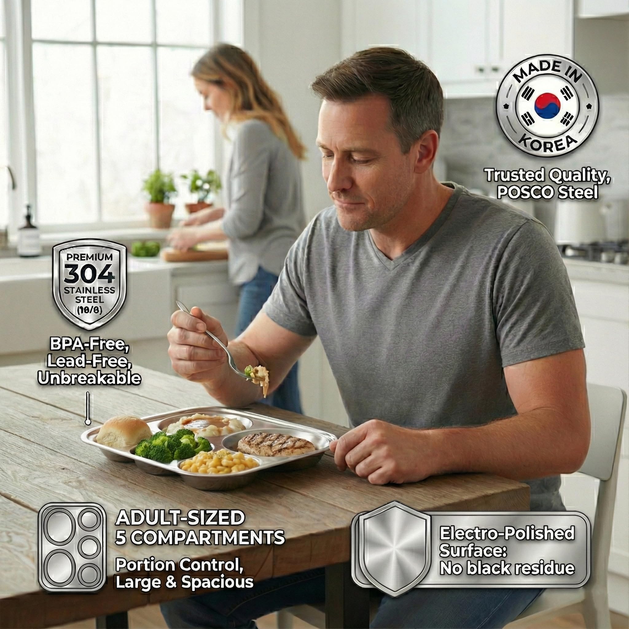 KS & E, bandeja dividida de acero inoxidable para adultos, adolescentes, comedores exigentes, campistas, sin BPA, control de porciones de dieta, plato para servir, merienda, juego de 2