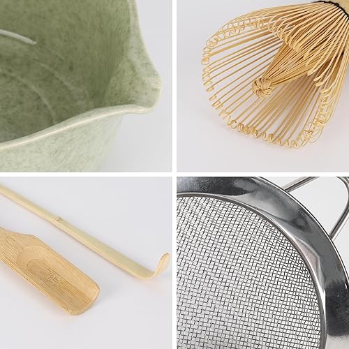 Miniatura 4 de Juego de 6 batidores de matcha con batidor de bambú (120 puntas) y soportes de cerámica y cuenco, cuchara, tamiz de acero inoxidable para mujeres,