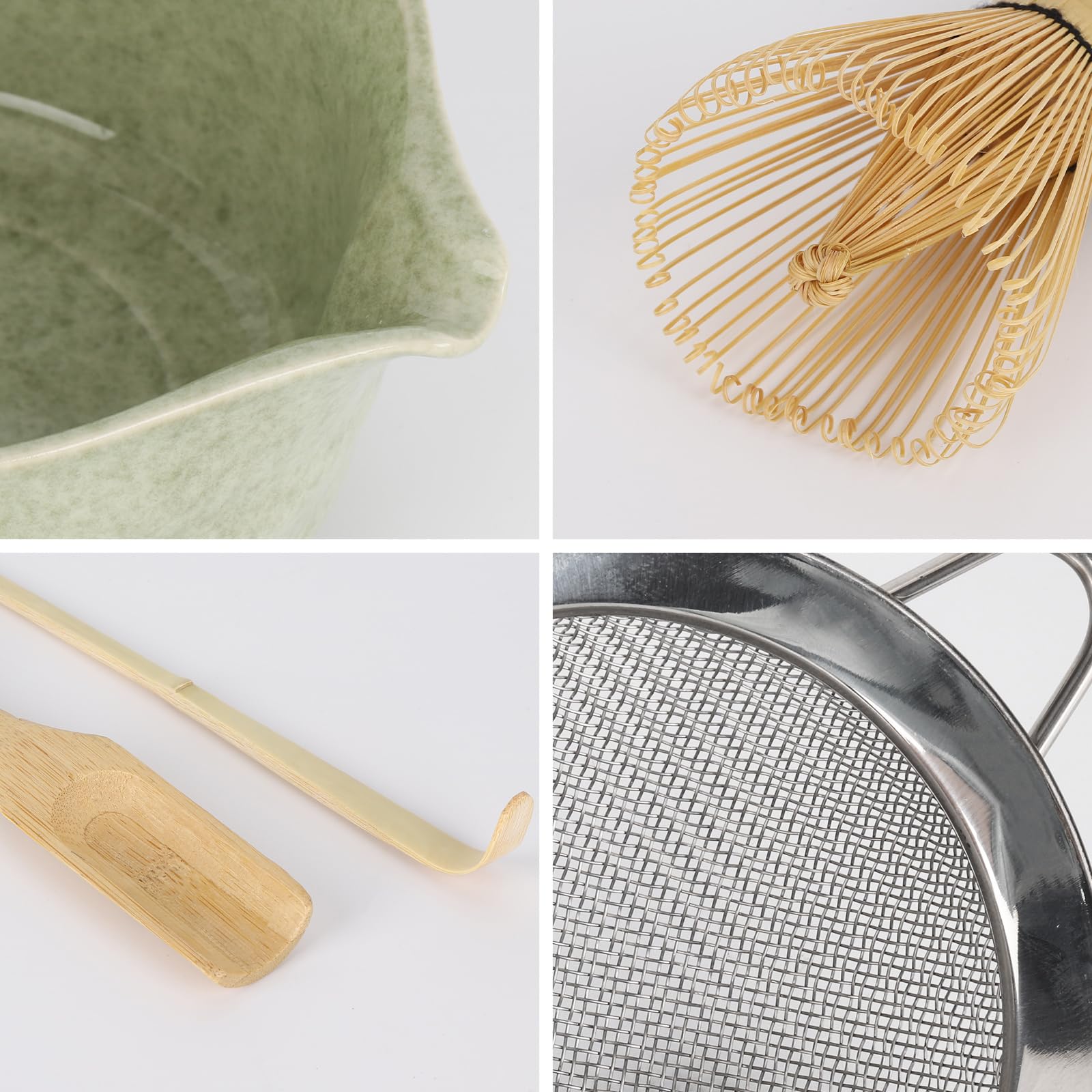 Matcha-Schneebesen-Set mit Bambus-Schneebesen (120 Zinken) und Keramikhalter und Schüssel, Schaufel, Edelstahlsieb für Frauen, Weihnachten, Geburtstag, 6-teilig