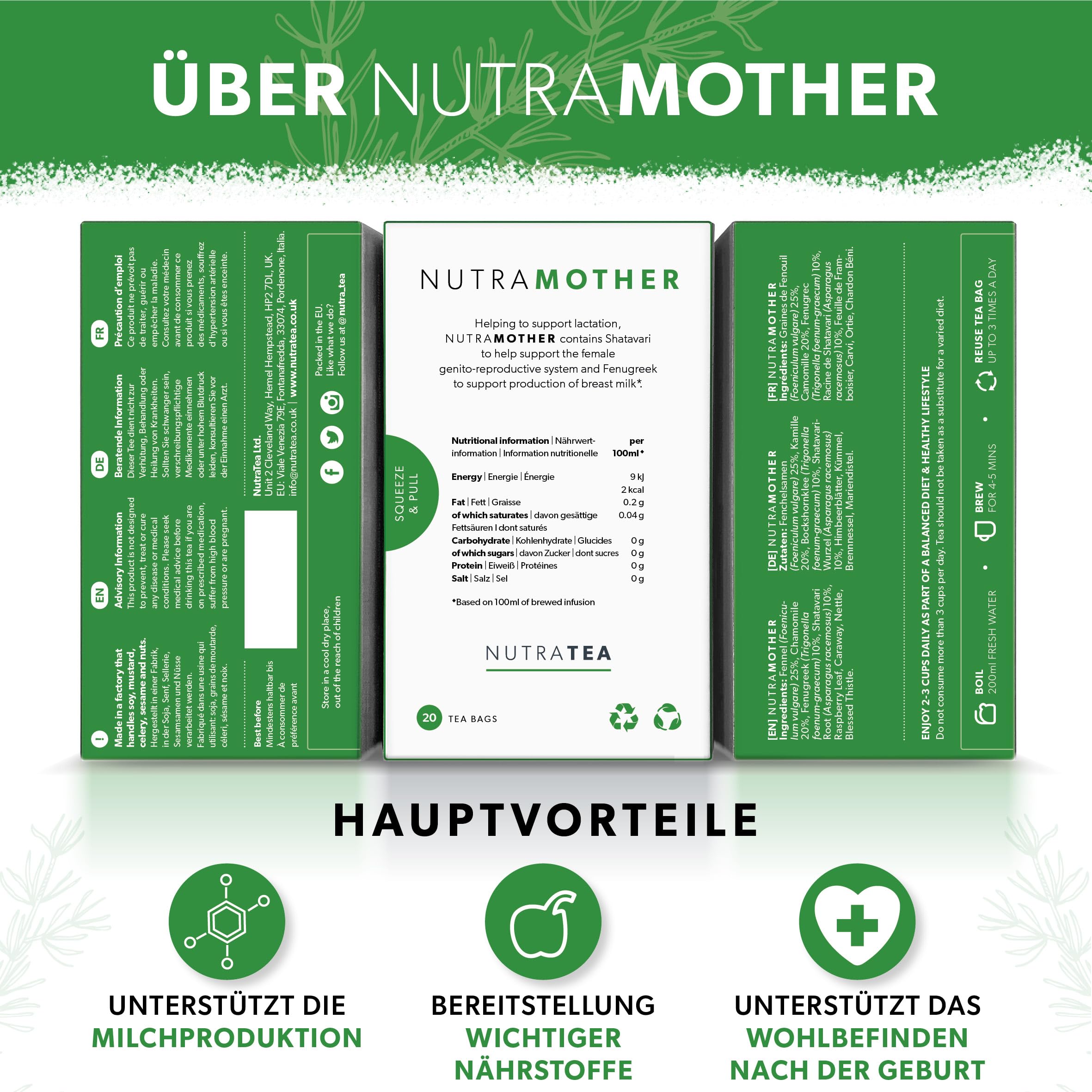 Nutra Tea NUTRAMOTHER, Stilltee unterstützt Milchbildung nach der Geburt, Bockshornklee Tee trägt zur Stärkung der Vitalität bei, 120 wiederverwendbare Teebeutel, Mutter Tee mit Himbeerblätter