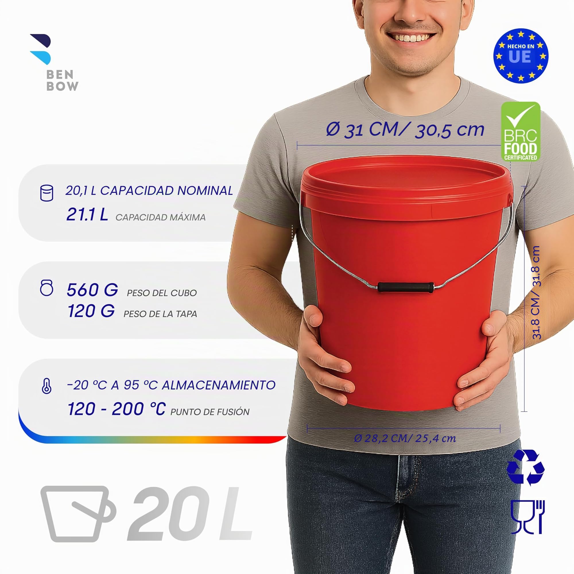 BenBow Cubo con Tapa 20l Rojo 1x 20 litros - Seguro para los Alimentos, Estable, hermético, a Prueba de Fugas - contenedor de Almacenamiento de plástico, con asa de Metal - vacío