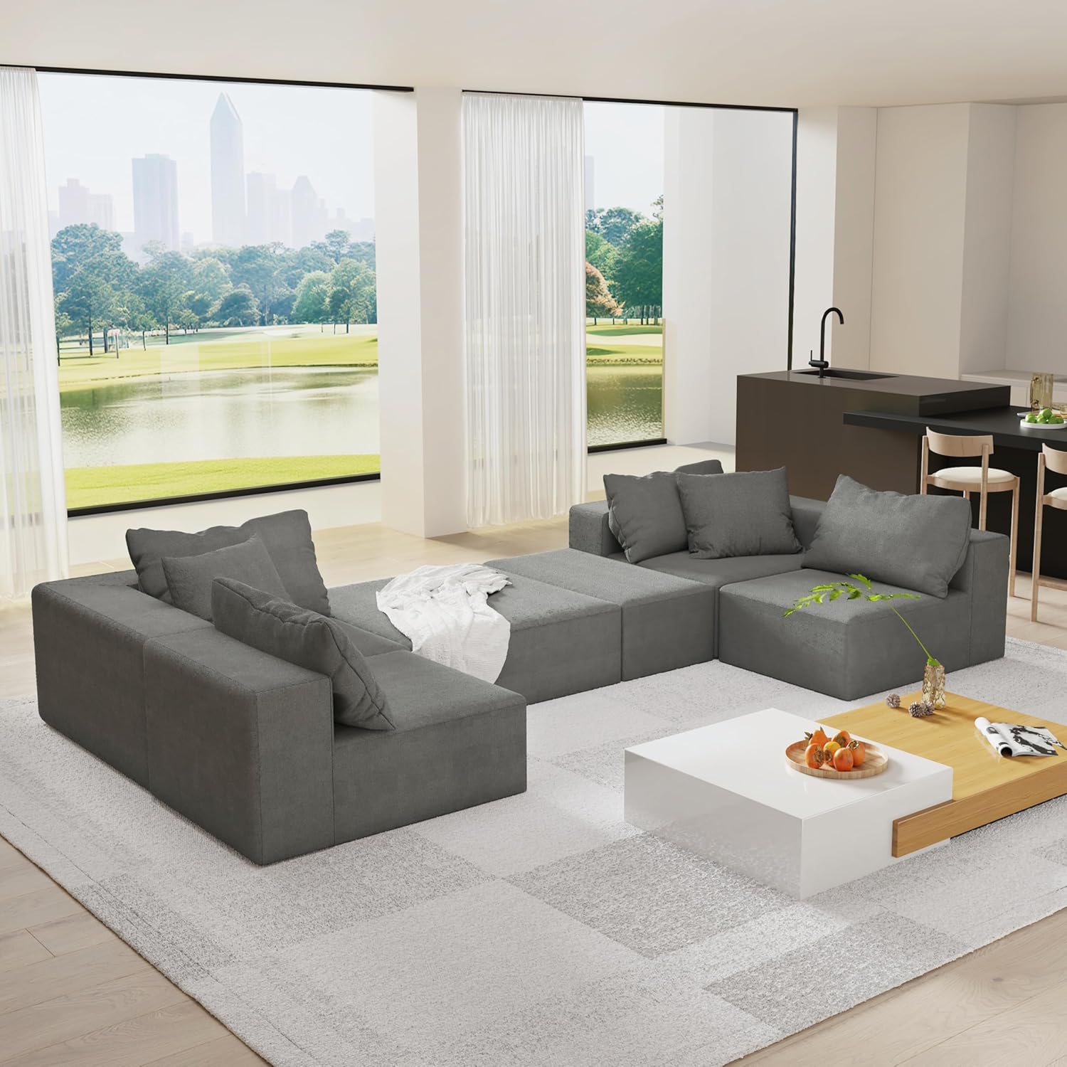Oversized Boneless Modular Sectional Sofa Cloud Couch for Living Room - Convertible 6 Seater Chenille Couches Set with Ottoman, No Assembly Floor Compression Sofa with Memory Foam | Deep Seat, Wider Armrest, Free Combination