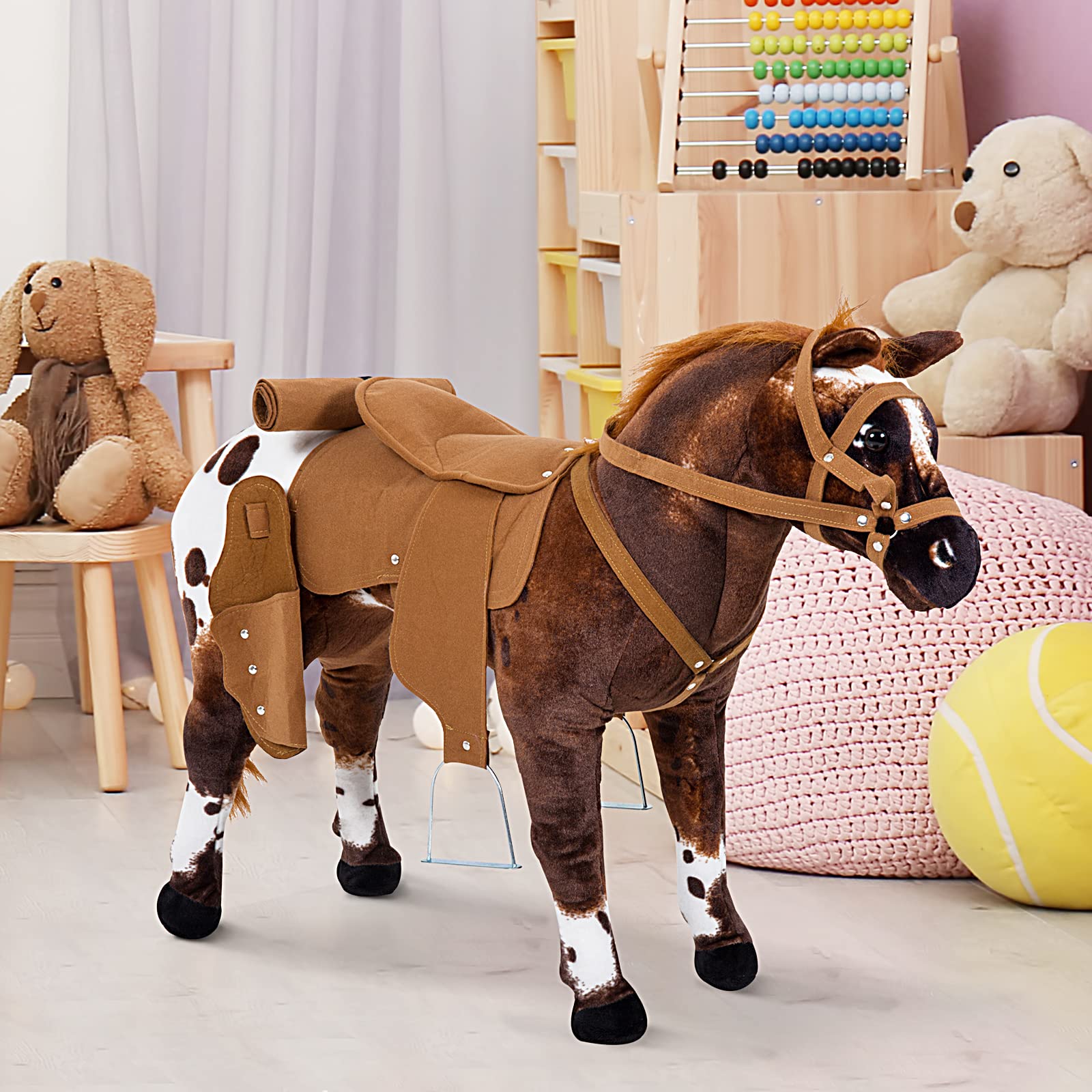 HOMCOM Cheval Debout en Peluche Effets Sonores 85L x 28l x 60H Marron Blanc