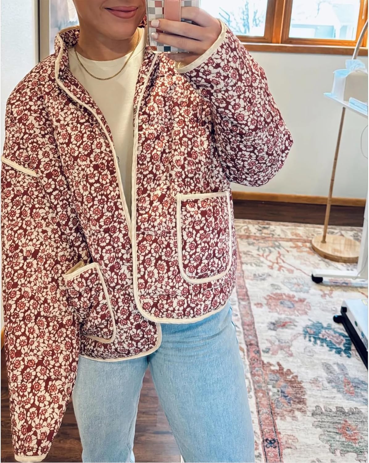 Duyang Women's Cropped Puffer Jacket Lightweight Floral Printed Open Front Quilted Coat Winter Warm Outwear - Image 6