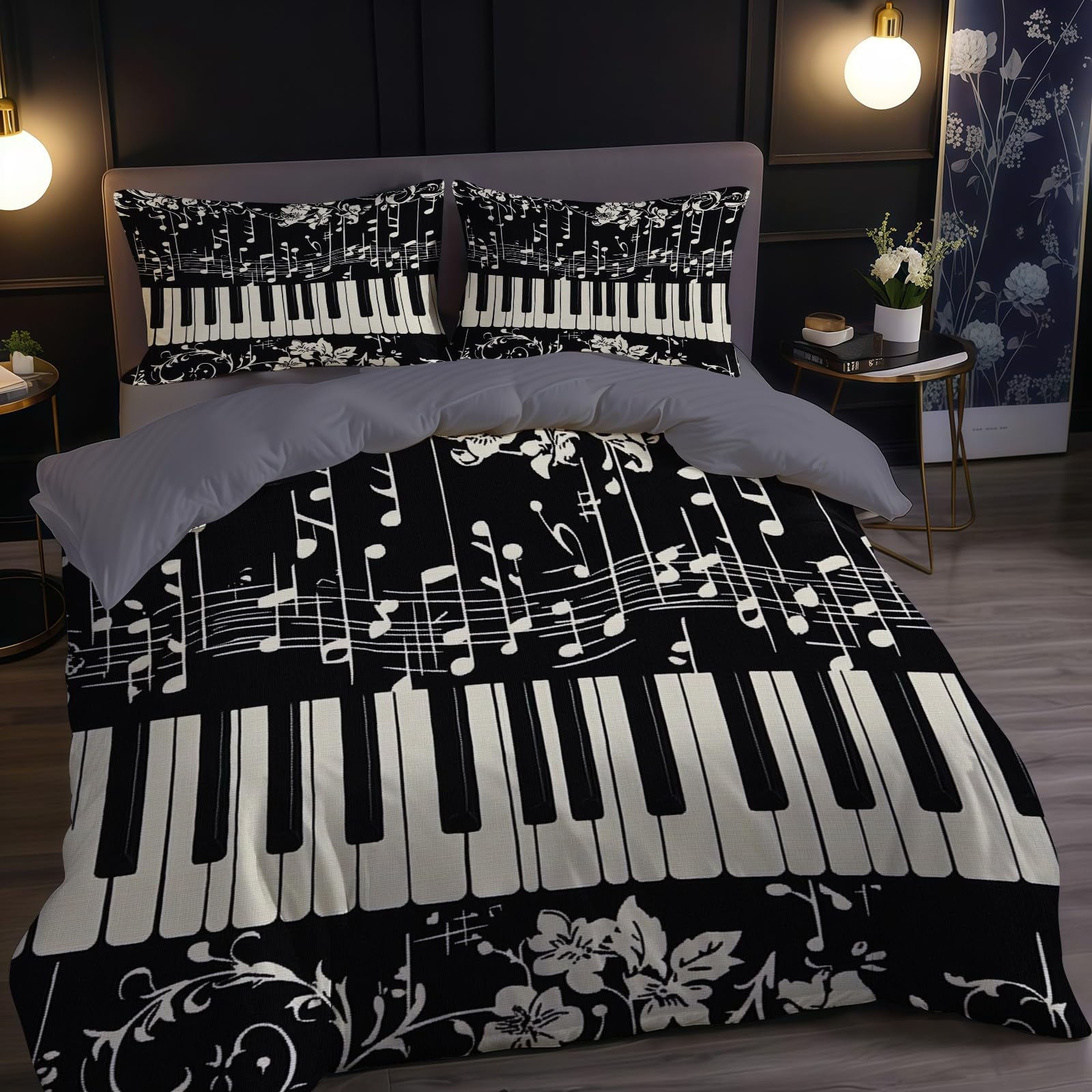 Copripiumino Una Piazza e Mezza 250x200 cm nero Set Biancheria da Letto Tastiera del pianoforte e note in Microfibra Traspirante con Cerniera e 2 Federe