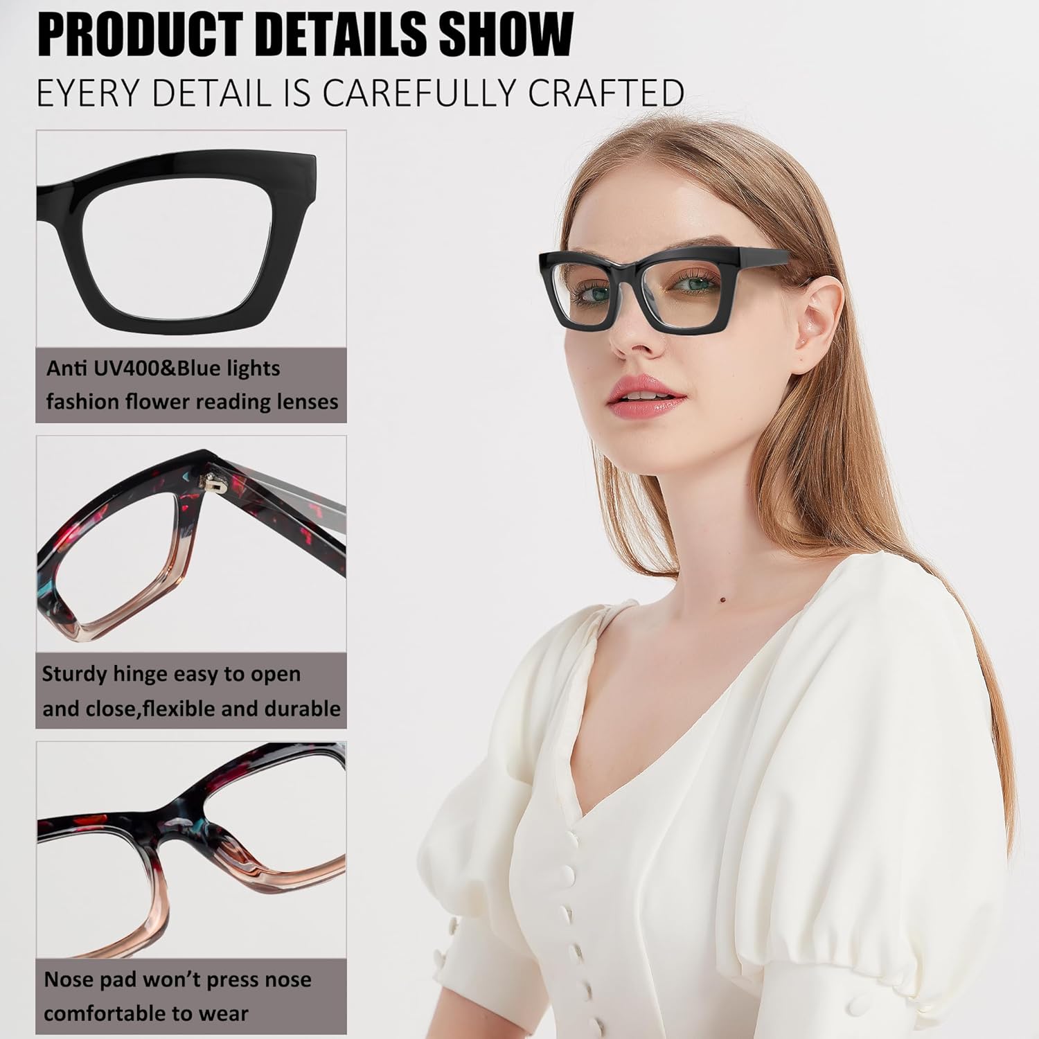 bullabulling 3 pack Oprah style Spring hinge Readers Blue Light Blocking Computer Square Reading Glasses for Women Men - Image 4