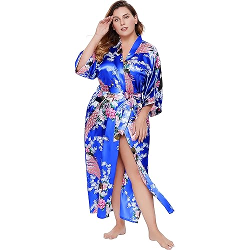 BABEYOND Women's Kimono Robe Long Satin Robes with Peacock and Blossoms Printed Kimono Nightgown