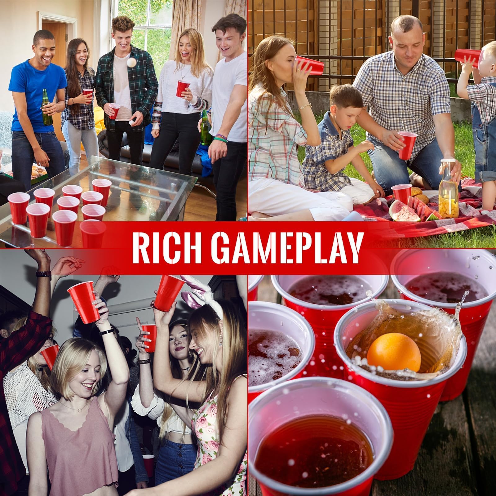 Set di Bicchieri da Birra Pong, 50 Bicchieri Beer Pong(500ml) e 6 Palline da P ing Pong, Bicchieri riutilizzabili, per Giochi di bevute, Feste, Compleanni, Festival, Matrimoni, Campeggio(Rosso)