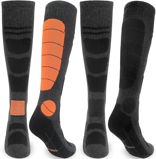 Merino Wool Knee High Thermal Ski Socks for Women Men 4-9, Mens Womens Long Thick Winter Warm Black Football Sports Socks Anti Blister Cushioned Snowboarding Mountaineering Hiking Boot Socks 2 Pairs