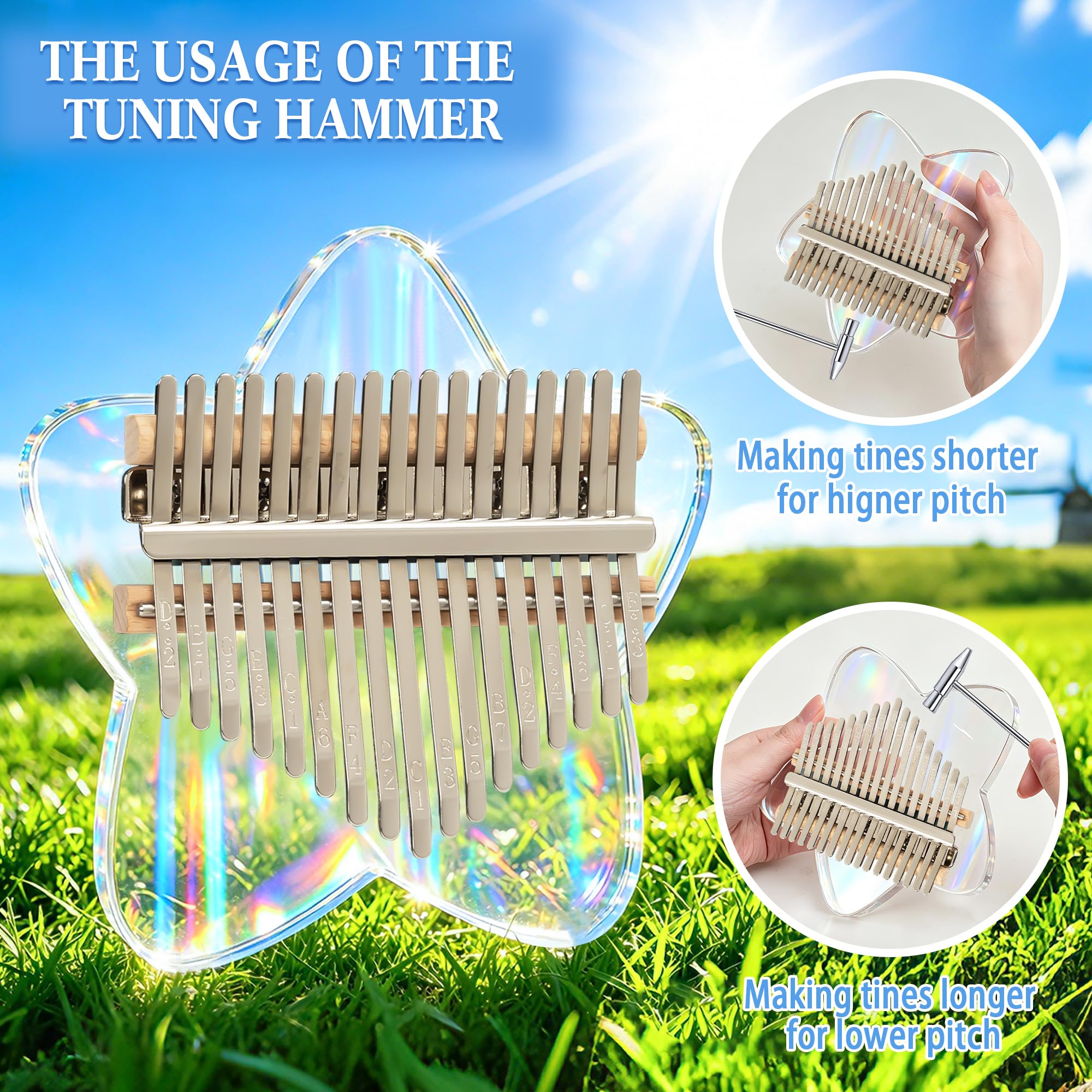 Rainbow Star Kalimba en acrylique 17 touches, piano à doigt Mbira portable avec étui de protection EVA, marteau d'accordage, instructions d'étude, cadeau musical pour adultes débutants