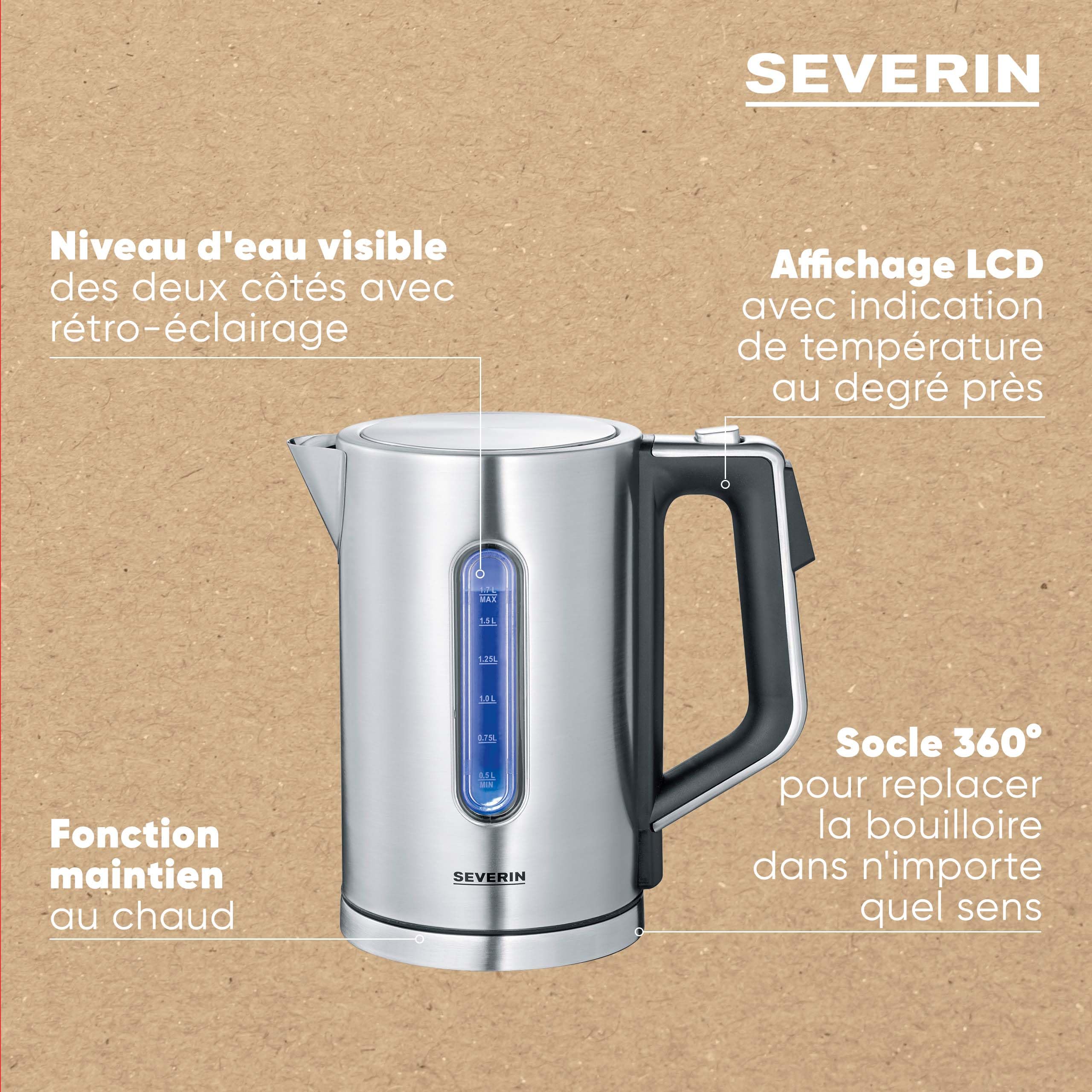 SEVERIN Bouilloire à température réglable, 1,7L, 3 000W, Sans BPA, Niveau D'eau Visible, Affichage LCD, Socle 360°, Inox, WK 3418