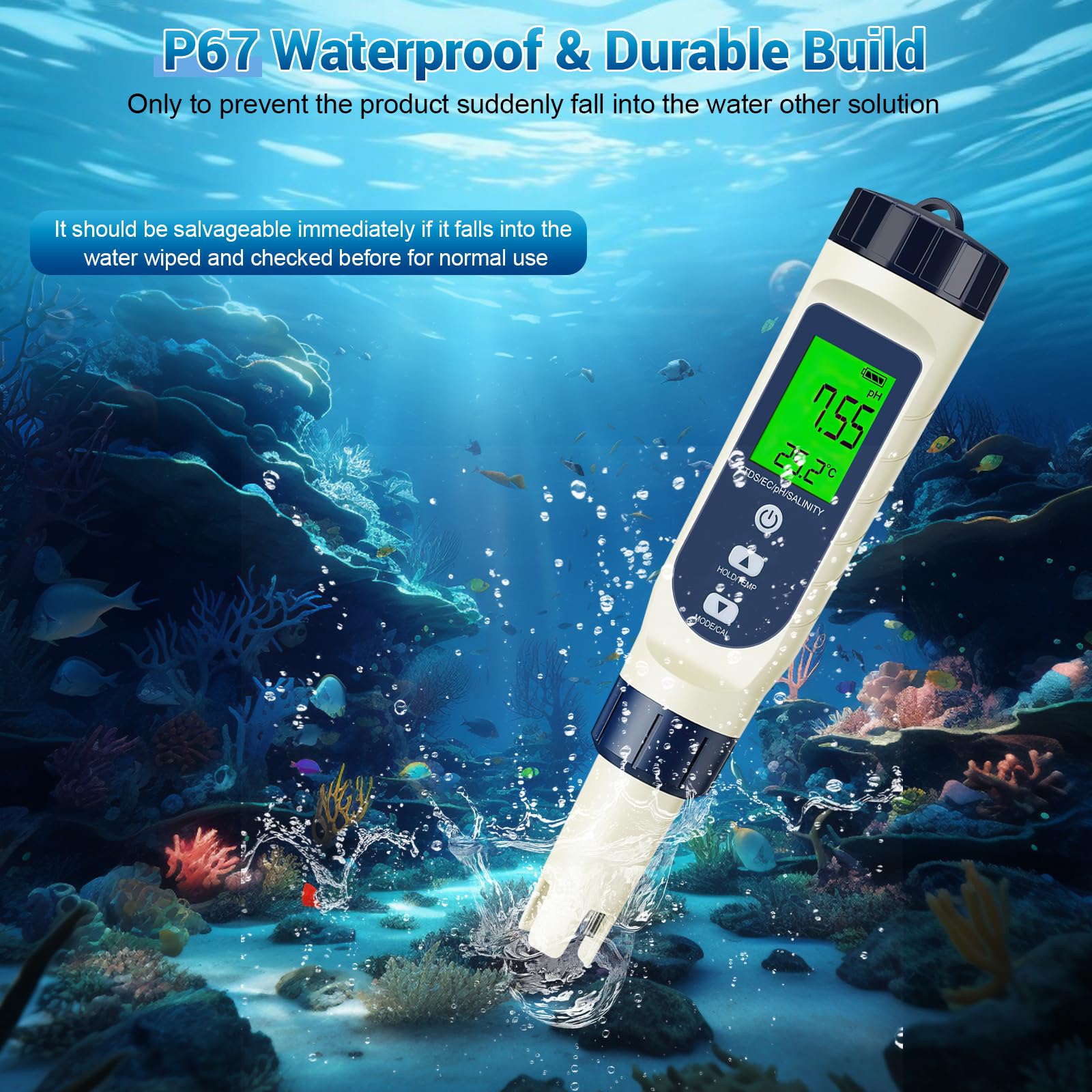 PH Mètre Électronique 5 en 1, PH/TDS/EC/Salinité/Thermomètre, Testeur de pH pour Piscine avec Écran LCD et Compensation Automatique de Température, Testeur d’Eau pour Piscines, Eau Potable, Hydroponie