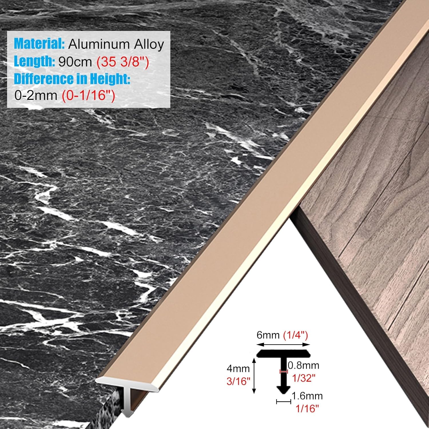 Floor Transition T Molding Trim Edge Strip,35" Metal Smooth Flat Divider Threshold Strip,Floor Joining Strip for Carpet to Tile Transition/Wood Uneven Floors(Color:Brushed Gold)