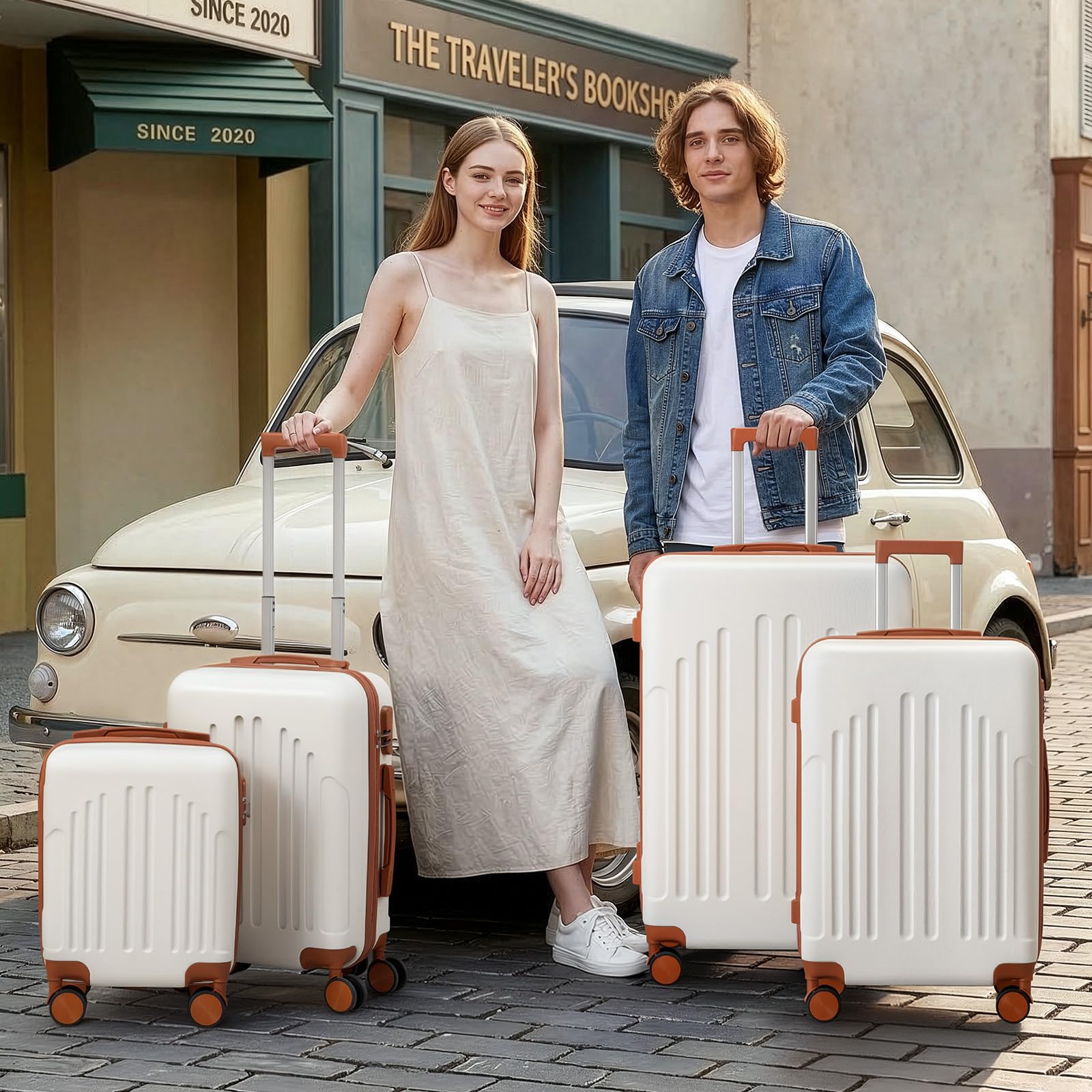 LEADZM Set de 4 Valises de Voyage, Valise Grande Taille & Cabine, Valise Soute Ridide en ABS, Bagages Cabine avec roulettes Pivotantes 360° et Cadenas (Beige-Brun)