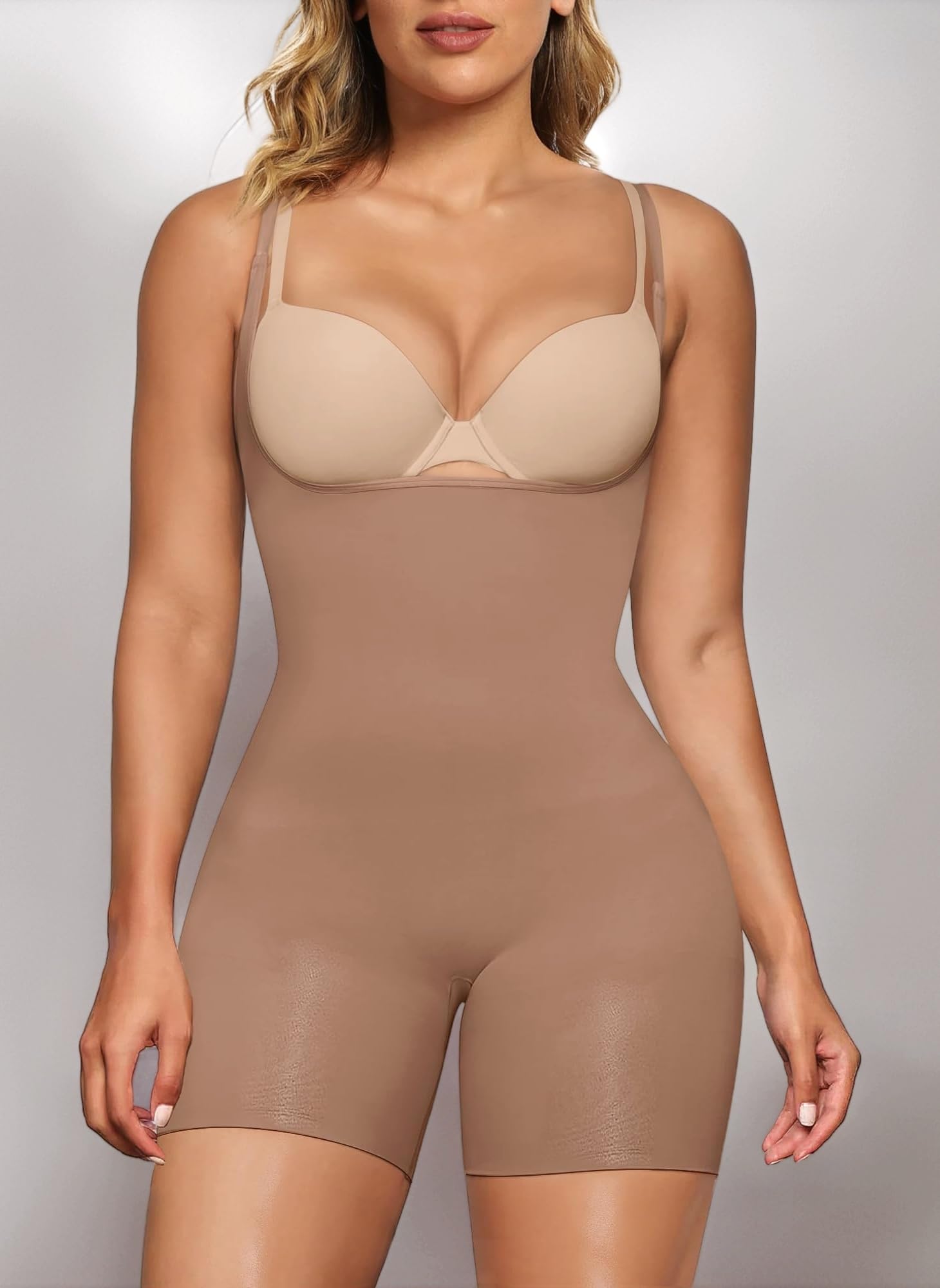 – Women's Shaping Bodysuits Open Bust Tummy Control Body Shaper Mid-Thigh Bodysuit Shorts Seamless Shapewear