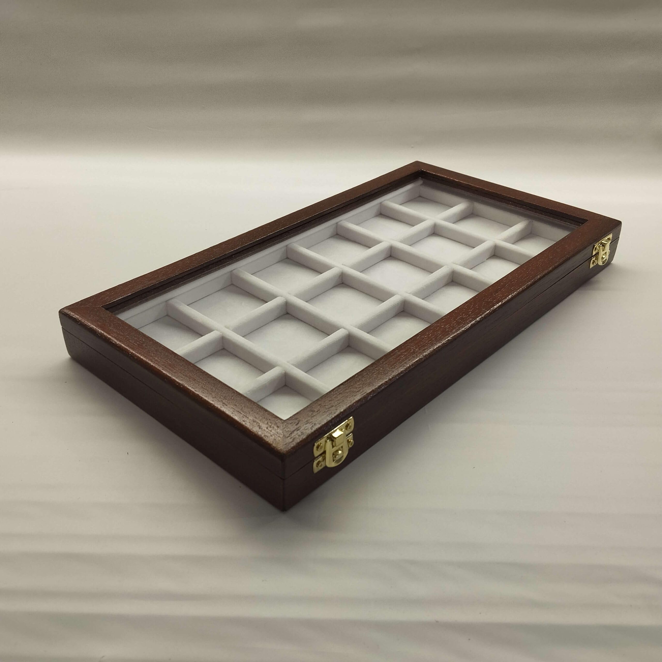 Caja para monedas y medallas de madera con tapa de cristal – 18 compartimentos en terciopelo – monetario artesanal hecho a mano – coleccionistas y numismática