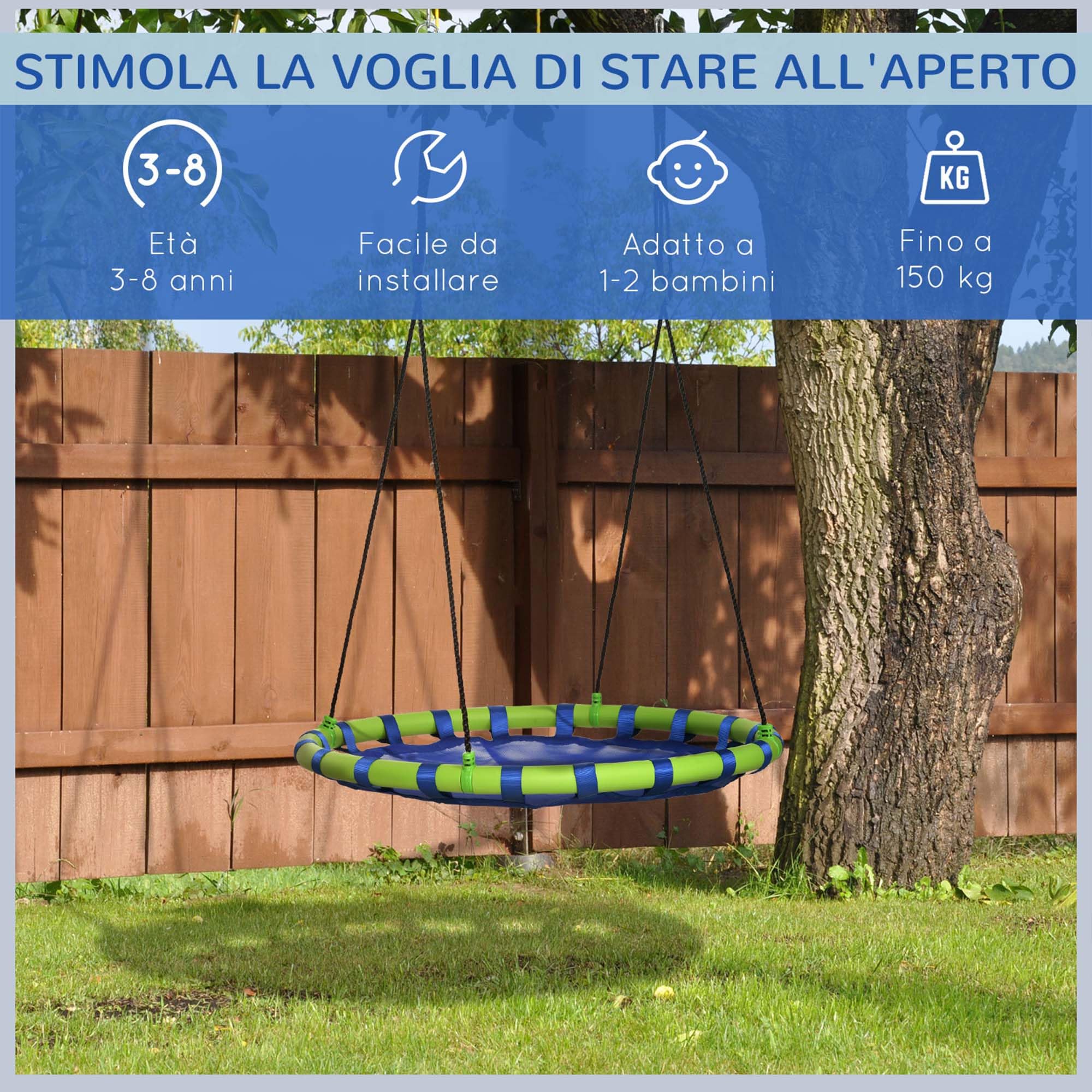 Outsunny Altalena da Giardino per Bambini da 3-8 Anni Ø100cm Blu | Altalena a Nido, Corde Regolabili, Giochi da Giardino per Bambini