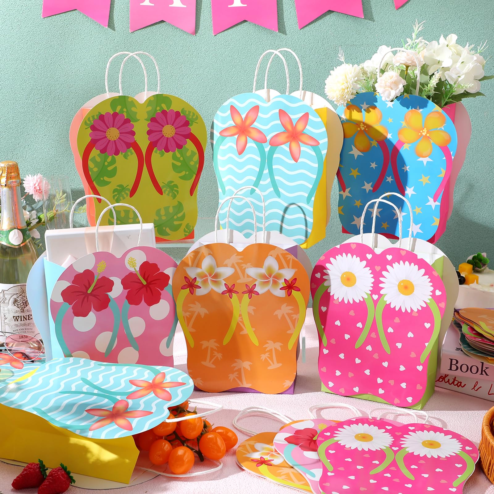 MotiMind 24 Pcs Summer Party Gift Bags Paper Beach Flip Flop Party Favor Bags with Handles Hawaii Pool Tropical Goodie Treat Gift Wrap Supplies