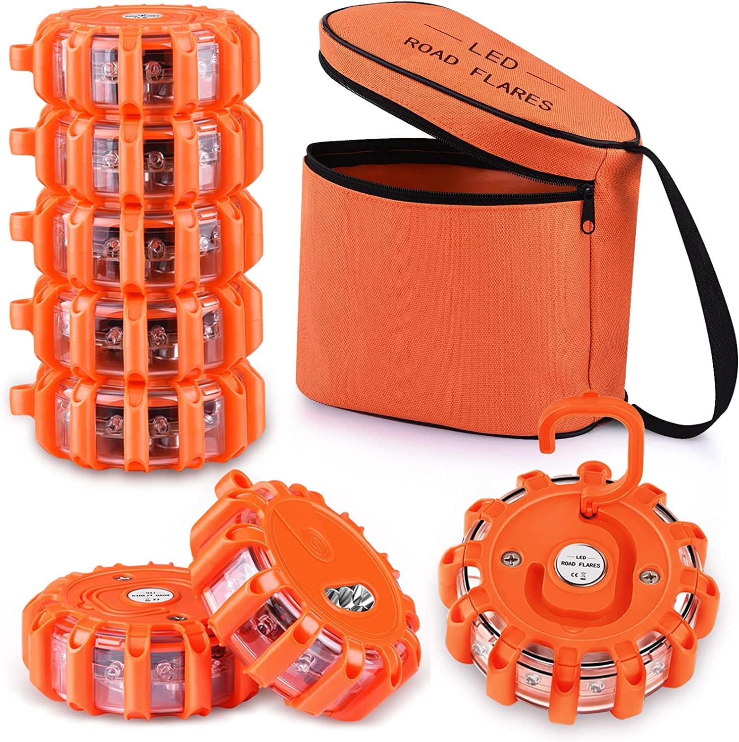 Wanme LED Road Flare, Emergency Disc Beacon with 9 Flash Modes, Magnetic Base & Hook Storage Bag Roadside Flashing Warning Lights for Car Truck Boats (8)