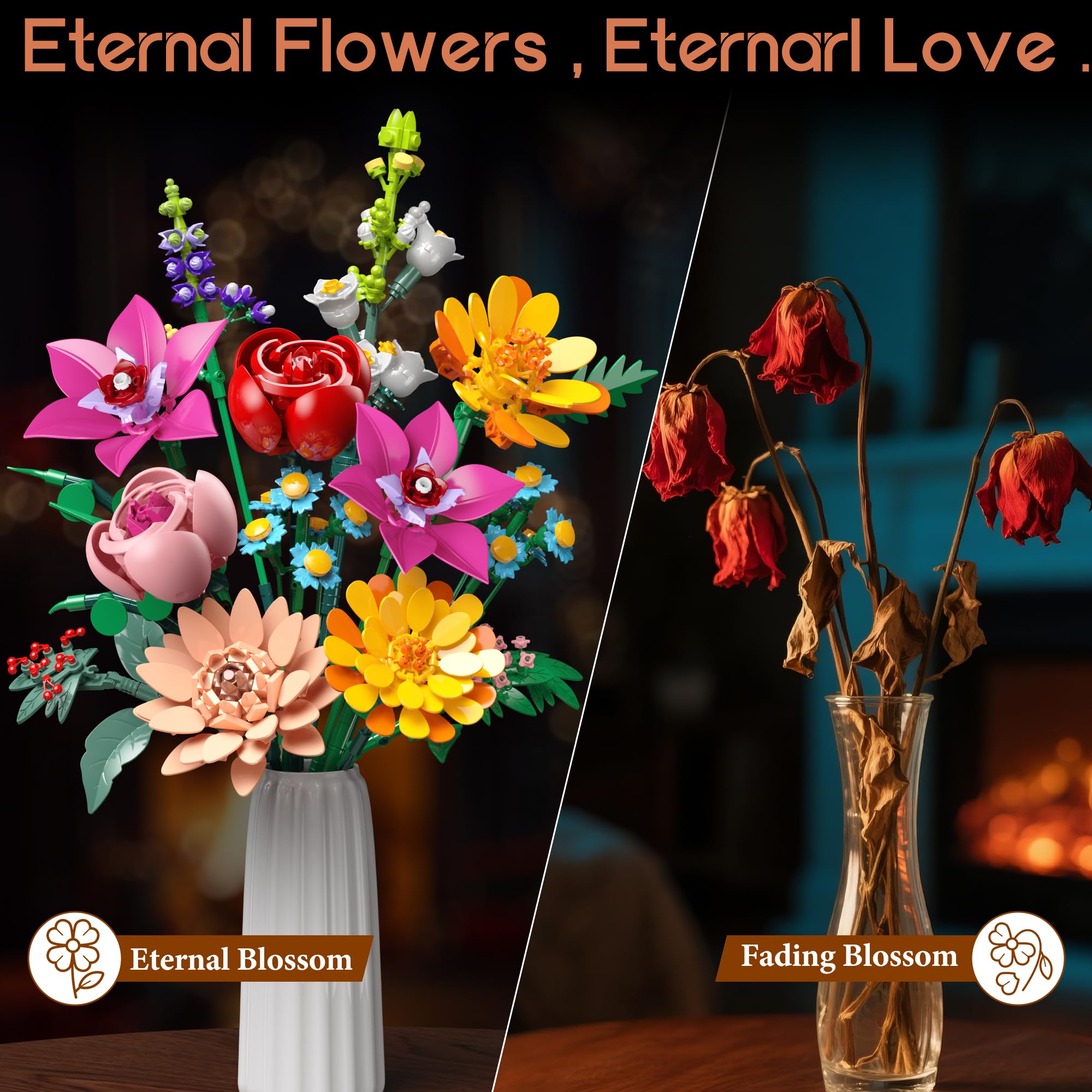 Kit de Construcción Ramo de 13 Flores Artificiales, 887 Pcs con Flowers Roses para Decoración Hogar y Oficina, Regalo Día de la Madre, San Valentín y Cumpleaños Niños 6+/Adultos