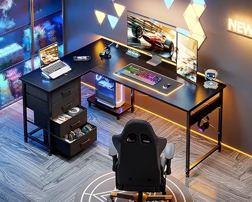 Miniatura 8 de AODK Escritorio para juegos en forma de L con 4 cajones, escritorios reversibles de oficina en casa de 53 pulgadas con tomas de corriente,