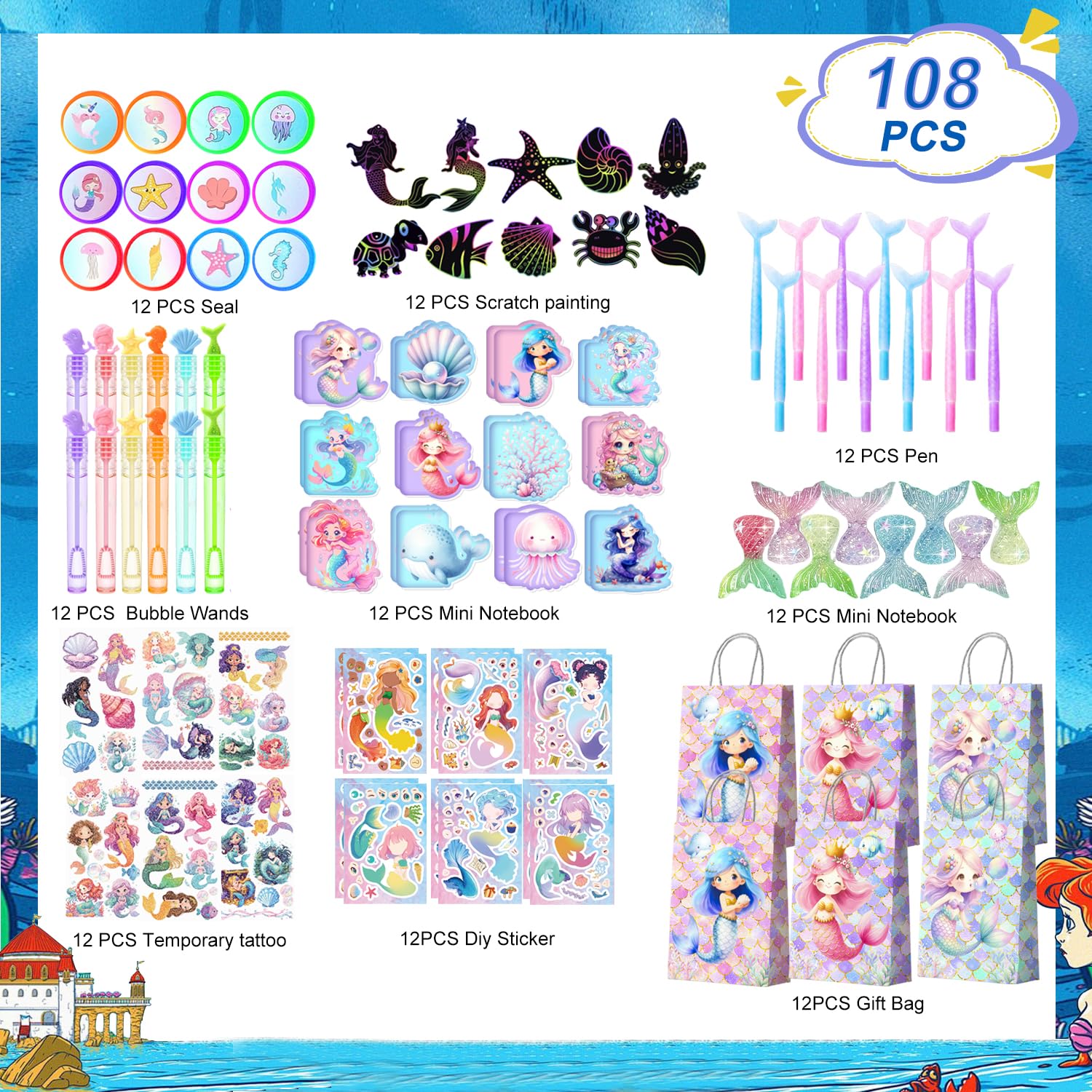 Sirena Bomboniere Festa,108 Pezzi Set di Bomboniere a Forma di Sirena Includere Tema Sirene Taccuino Regalo Borsa Adesivi Gadget Compleanno