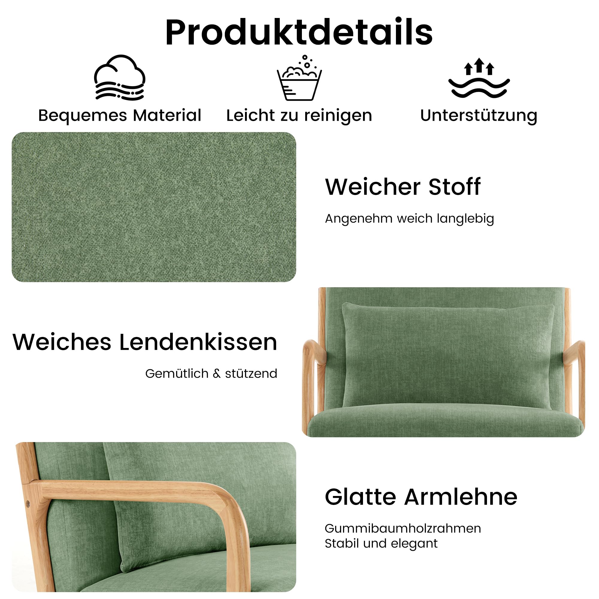Lounge-Sessel, Akzentstuhl mit Kissen, Polstersessel mit Holzrahmen & Armlehnen, Moderner Lesesessel für Wohnzimmer, Schlafzimmer, Leseecke & Büro (81.5 x 63.5 x 74.5 cm, Grün)