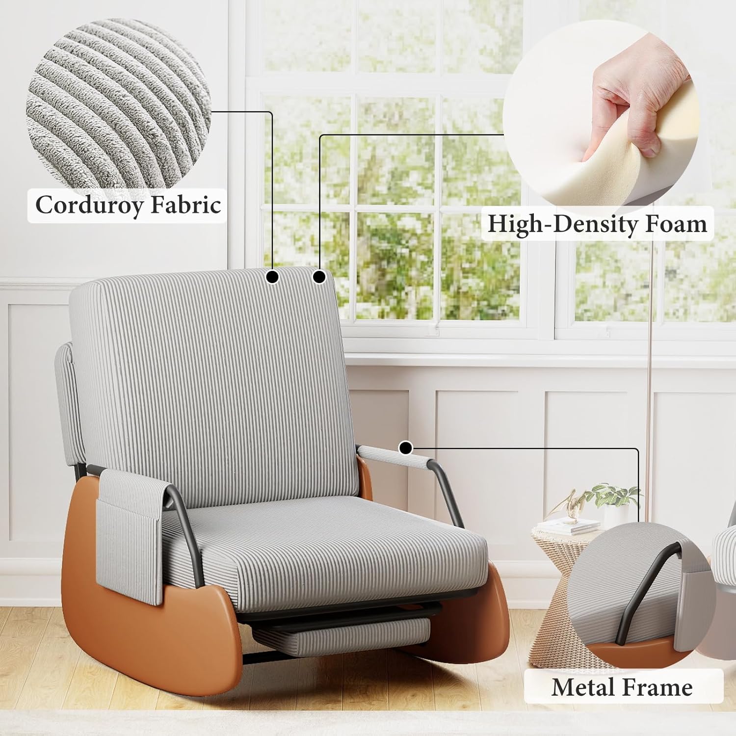 Furniliving Modern Glider Rocking Chairs, Adjustable Recline Accent Lounge Chair with Retractable Footrest, Comfortable Upholstered Reading Gaming Chair for Living Room, Bedroom, Grey.