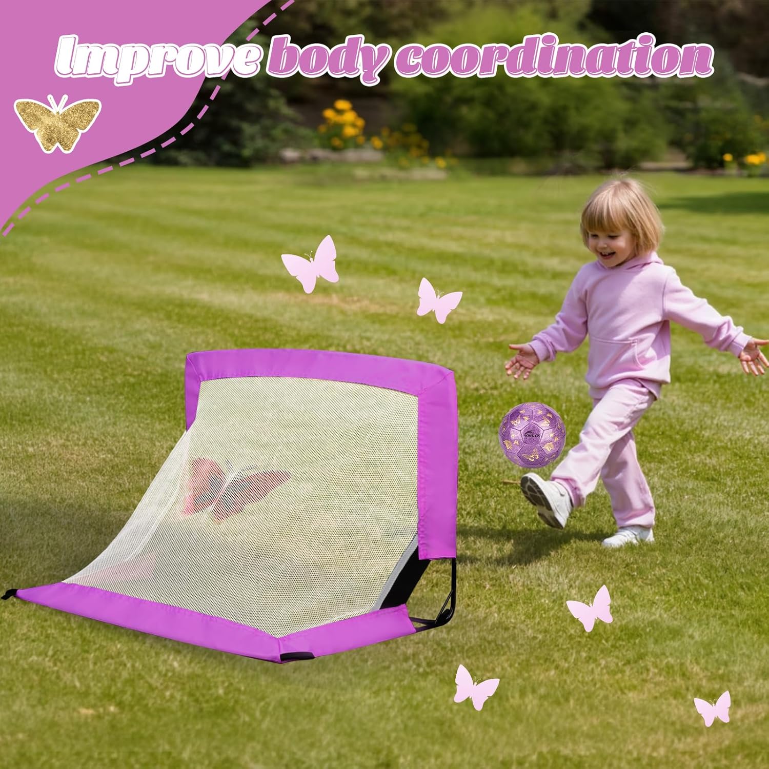 Kids Soccer Goal Set with Size 2 Purple Pink Glitter Butterfly Soccer Ball and Pump 2x1.5ft Portable Butterfly Print Soccer Nets for Toddlers Ages 3-5