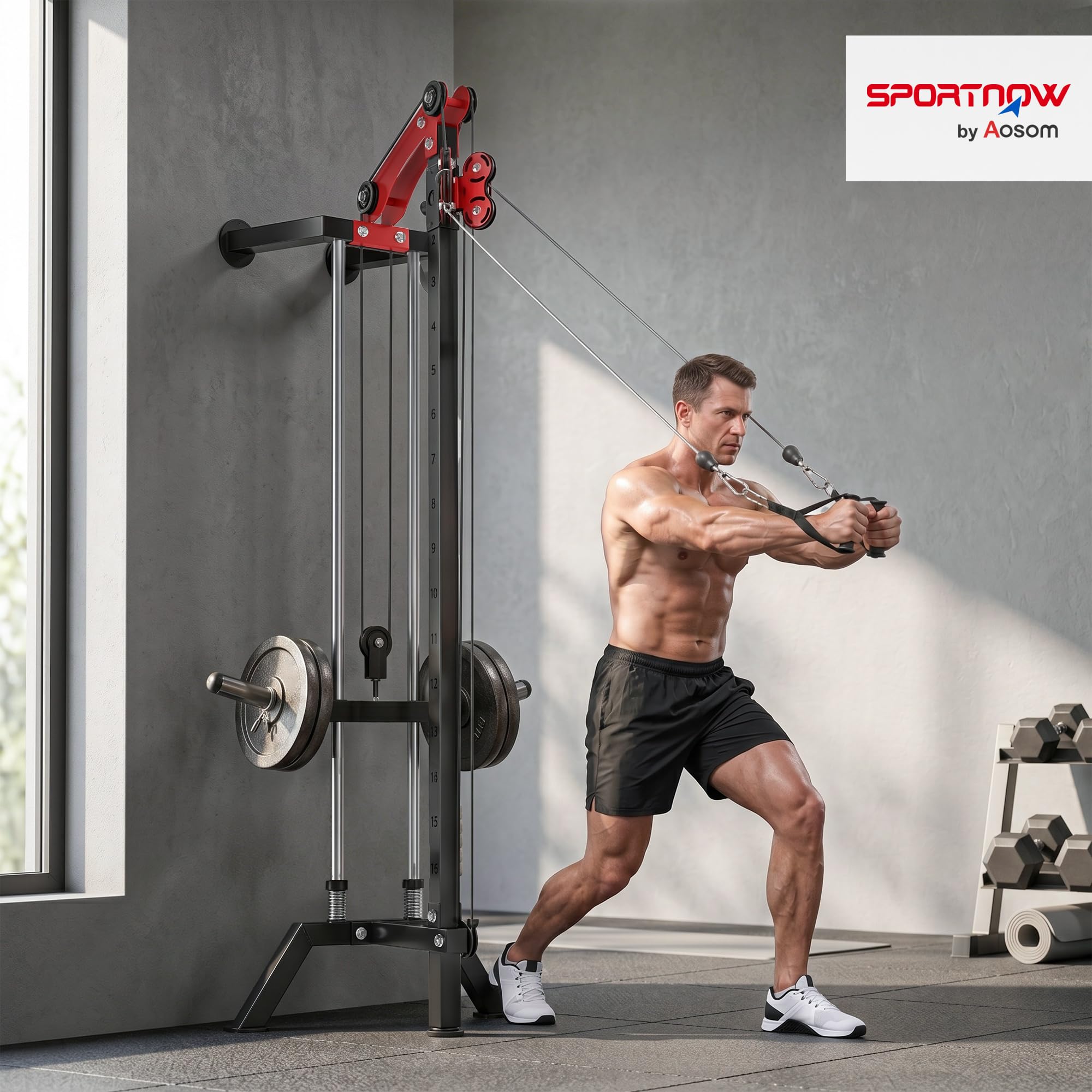 SPORTNOW Latzugstation 16-Fach Verstellbar zur Wandmontage Latzugturm inkl. Latzugstange Griffstange Seilzug Latzugmaschine bis 120kg Fitnessstation Kabelzugstation Latzug-Station Kraftstation